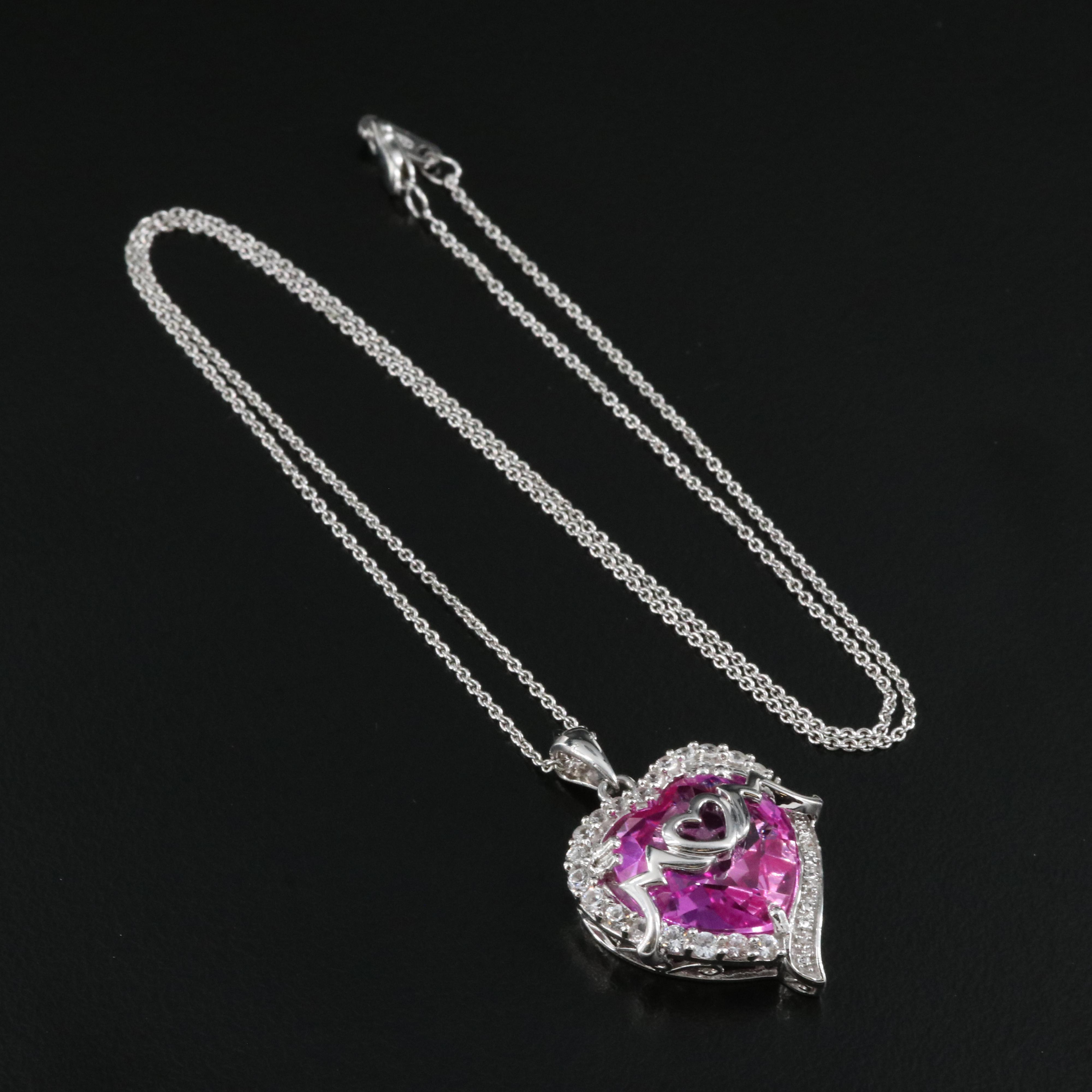Sterling Sapphire and Diamond "Mom" Heart Pendant Necklace