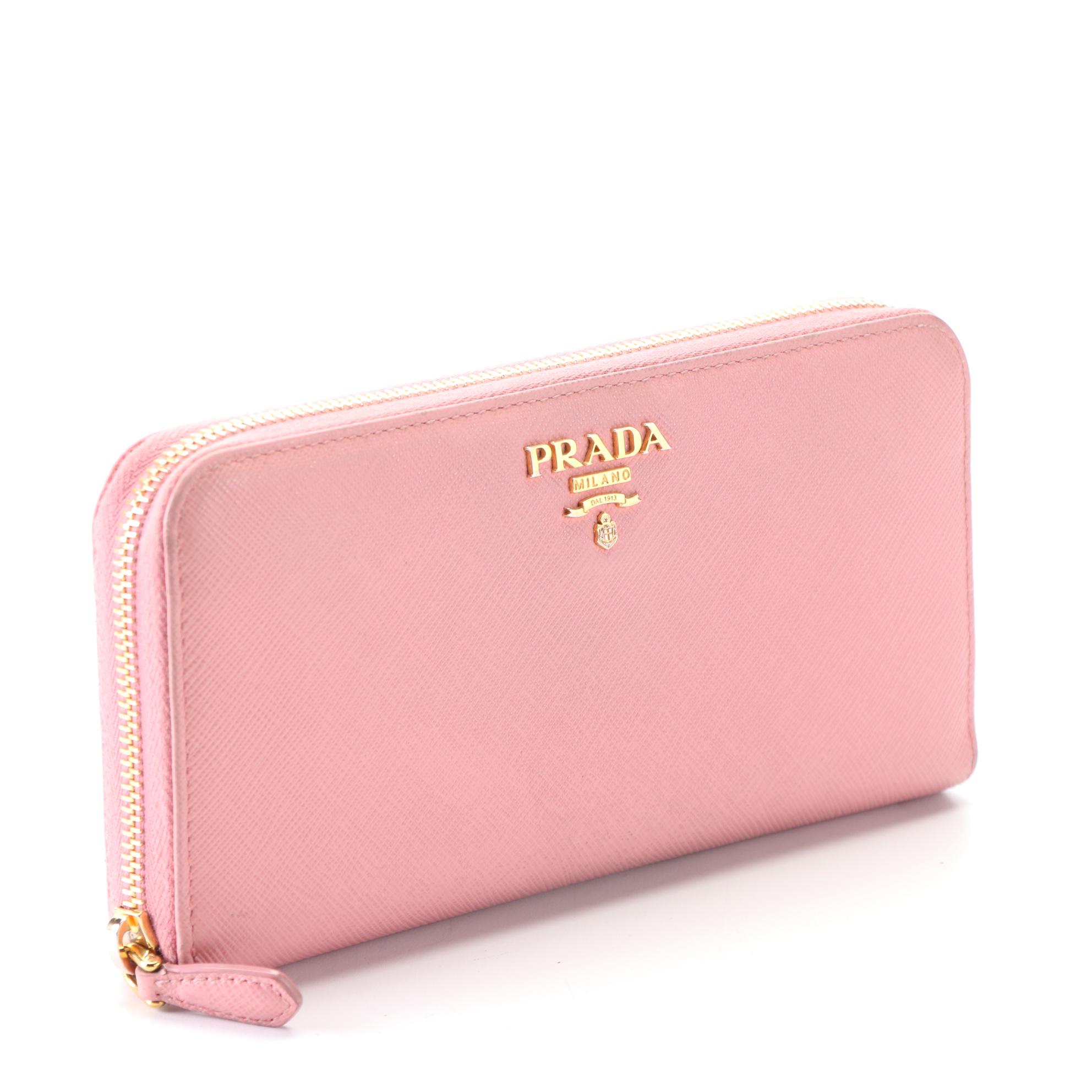 Prada Zip-Around Wallet in Pink Saffiano Leather with Box