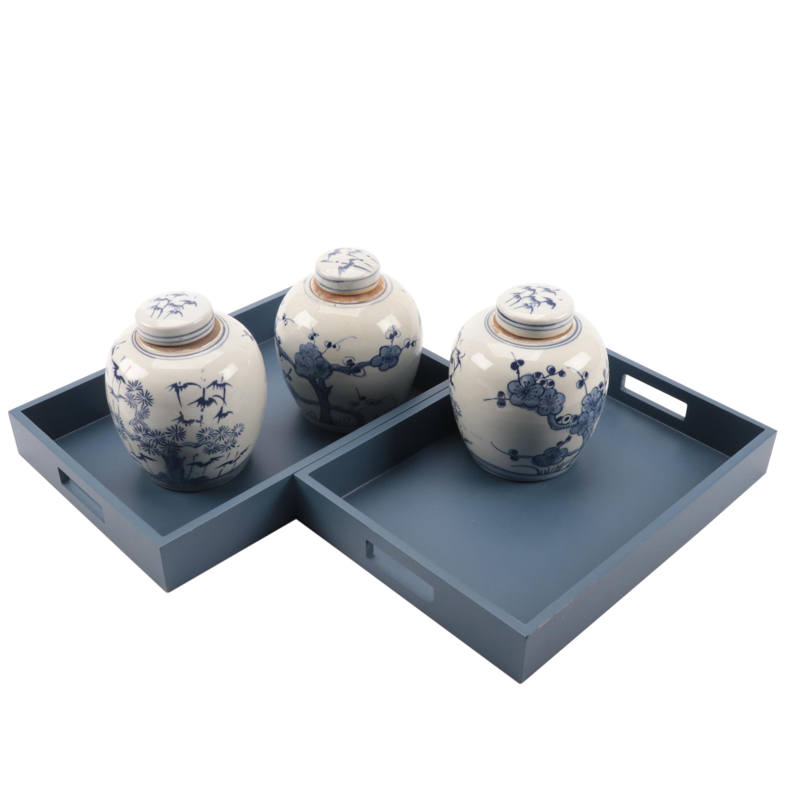 Japanese Blue and White Porcelain Ginger Jars With Trays