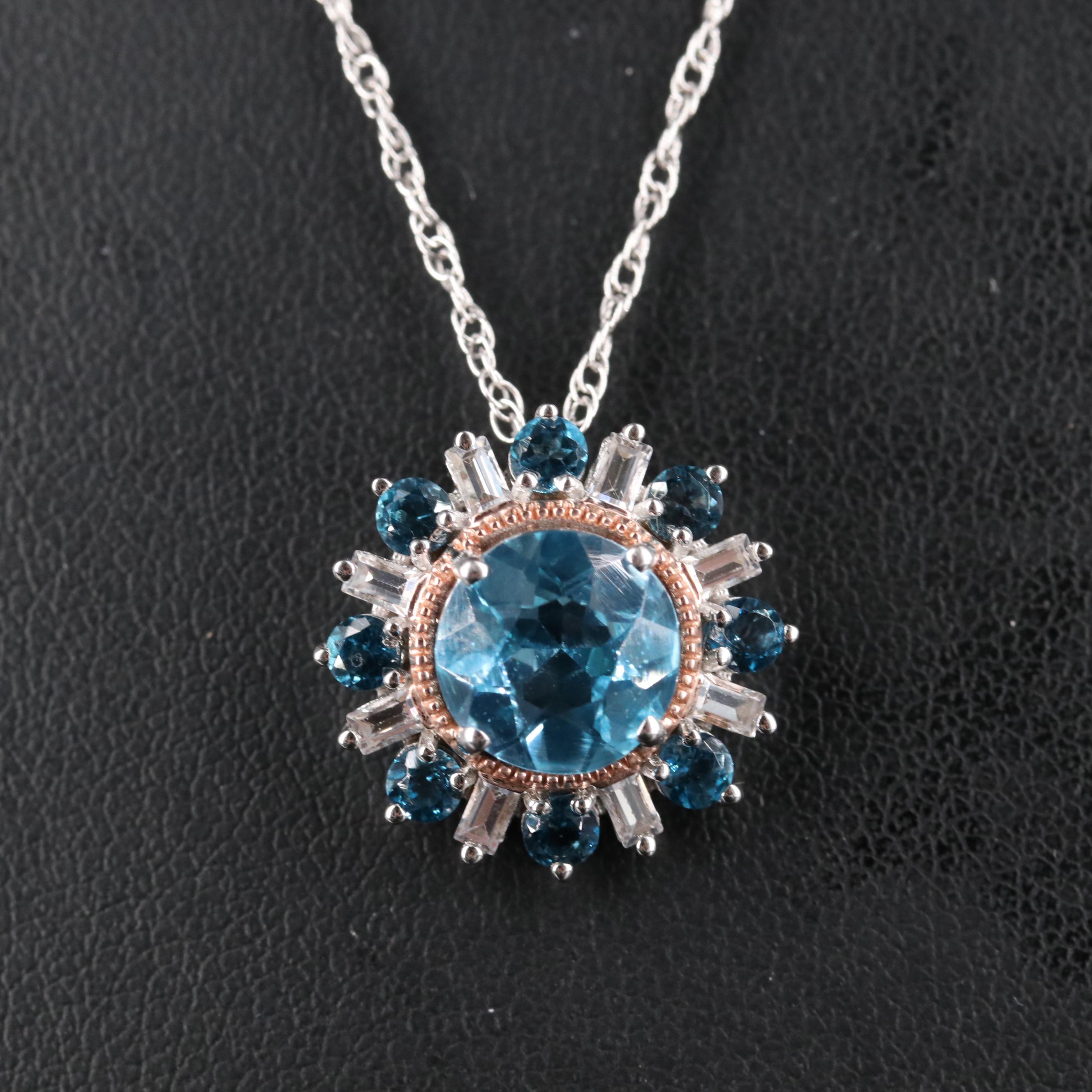 London Blue Topaz Necklace with Swiss Blue Topaz and Sapphire Halo in Sterling