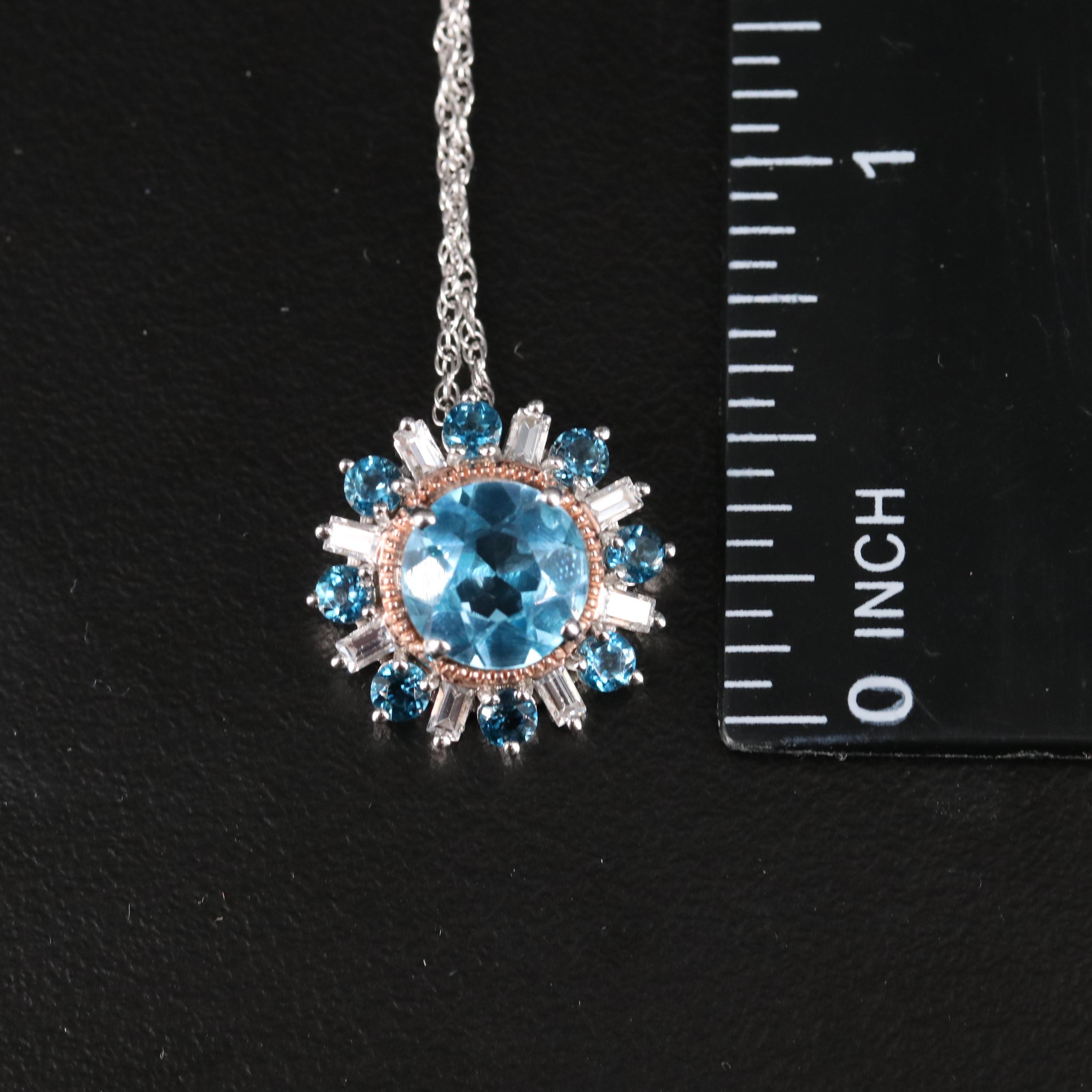 London Blue Topaz Necklace with Swiss Blue Topaz and Sapphire Halo in Sterling