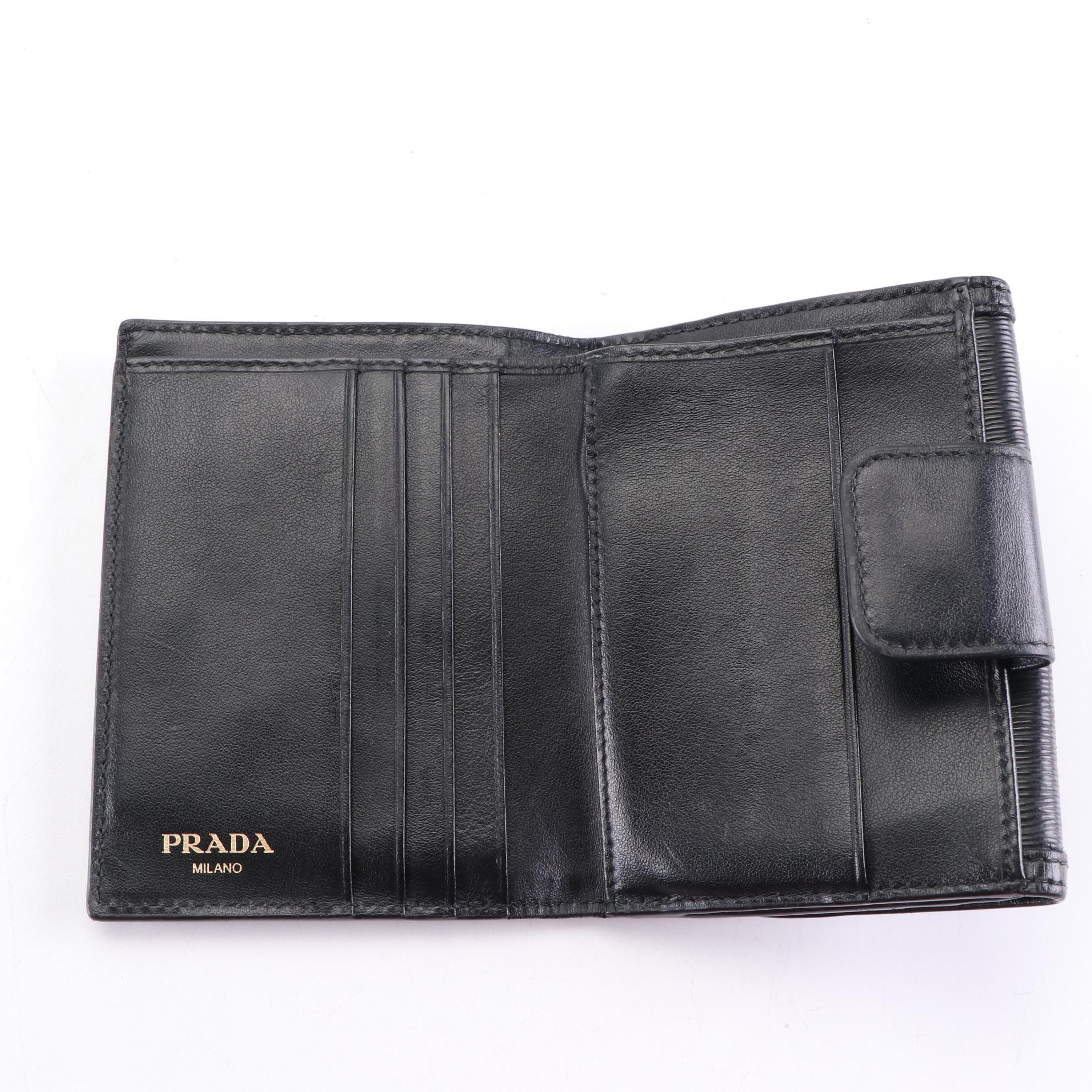 Prada French Flap Compact Wallet in Black Textured Leather