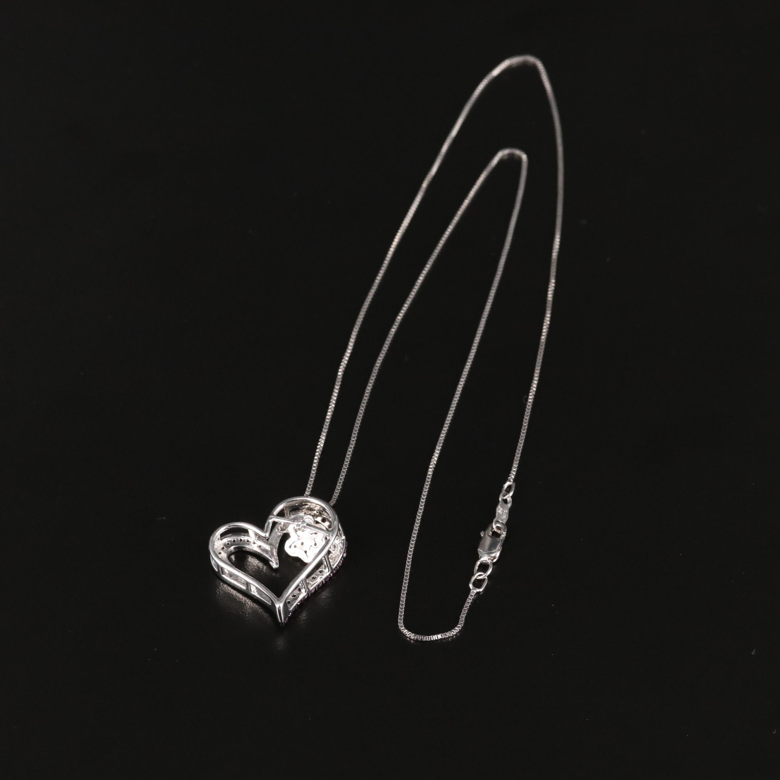 Sterling Ruby and Sapphire Articulated Flower in Heart Pendant Necklace