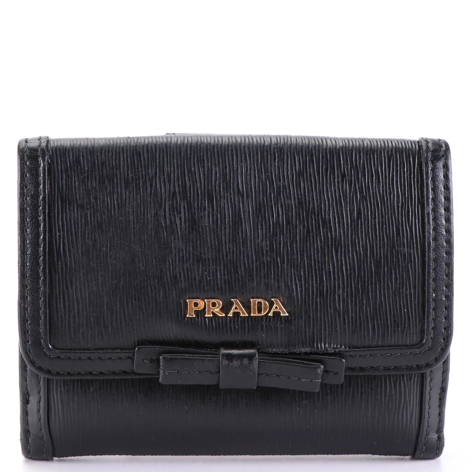 Prada French Flap Compact Wallet in Black Textured Leather