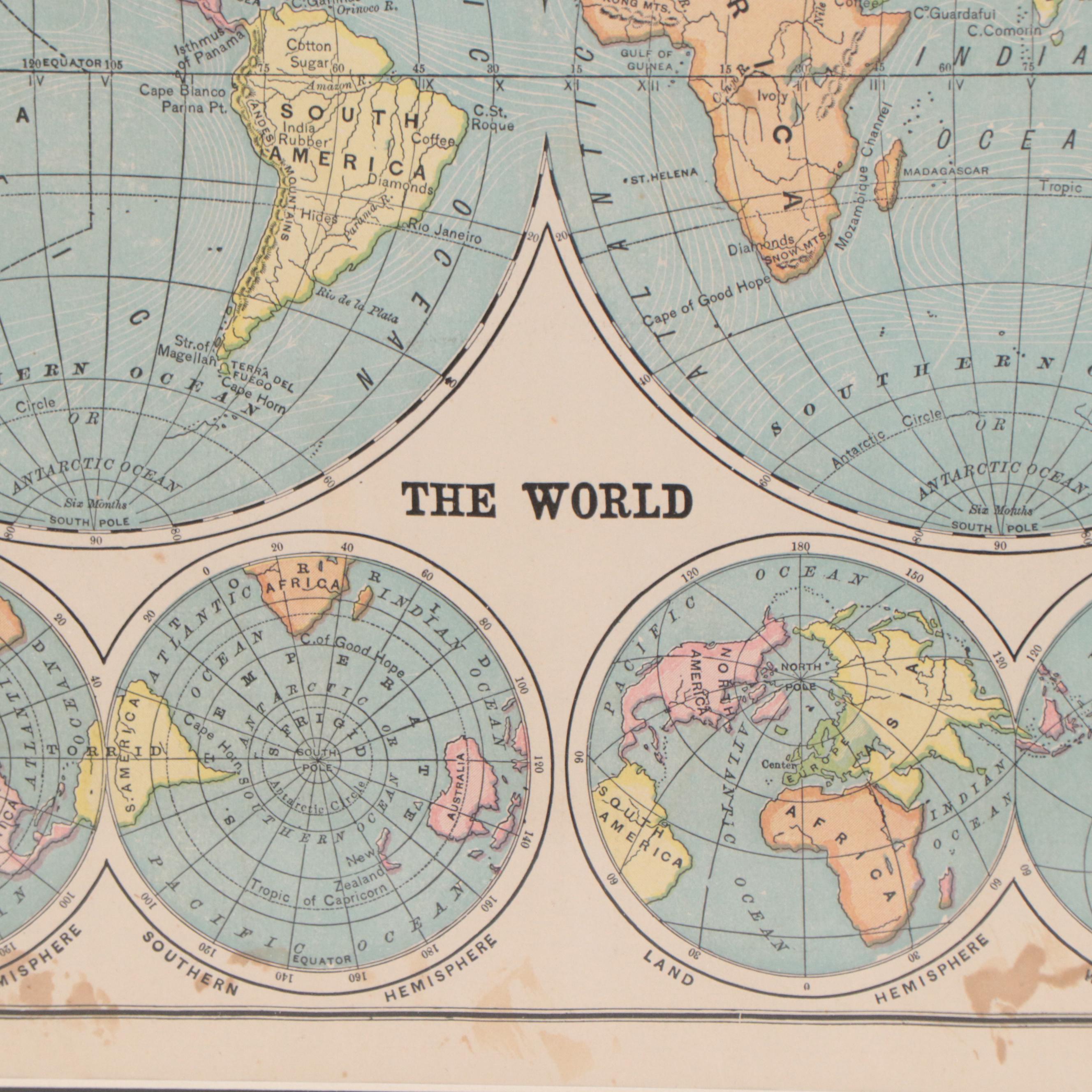 Wax Engraving Map of the World, Circa 1881