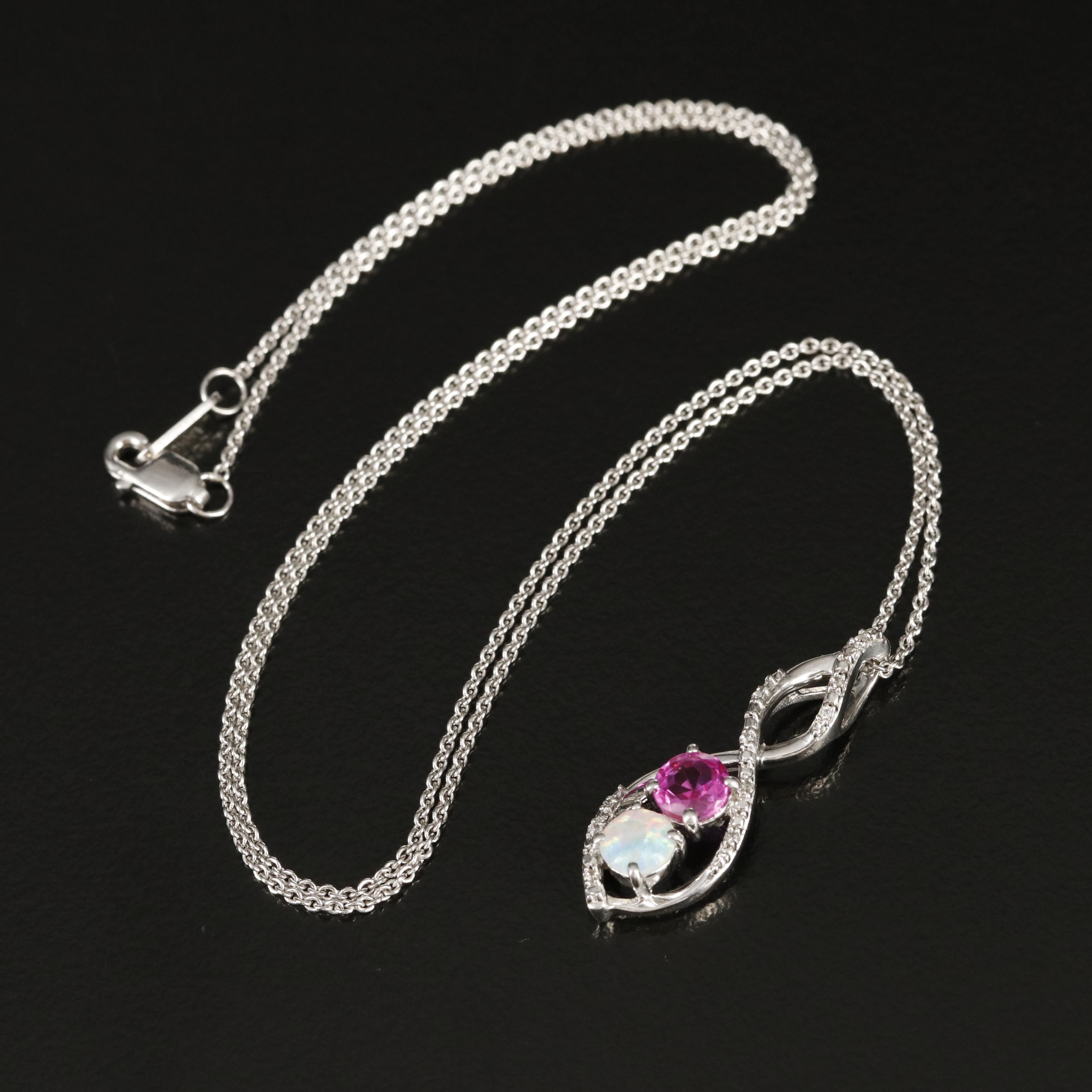 Sterling Opal, Sapphire and Cubic Zirconia Pendant Necklace