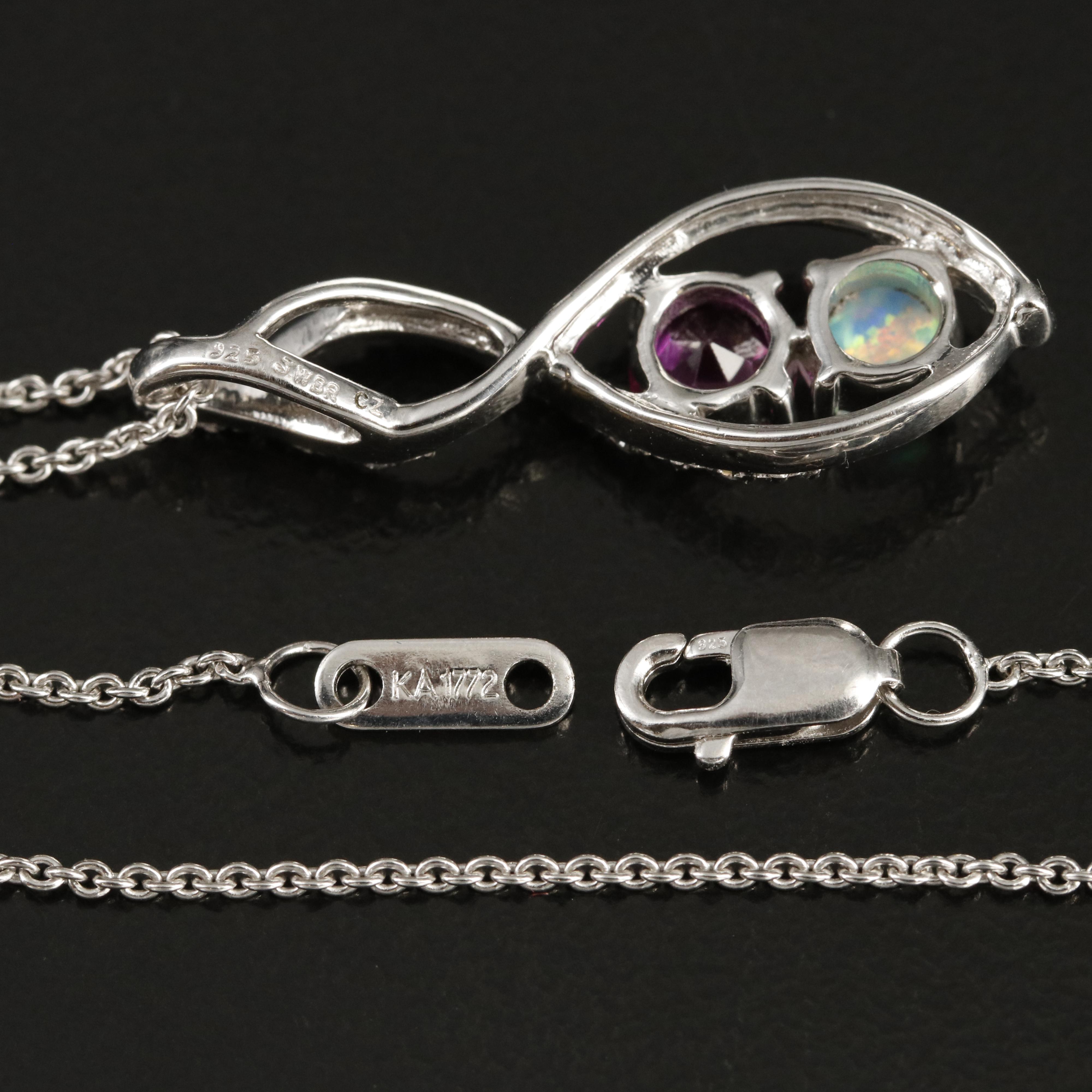 Sterling Opal, Sapphire and Cubic Zirconia Pendant Necklace