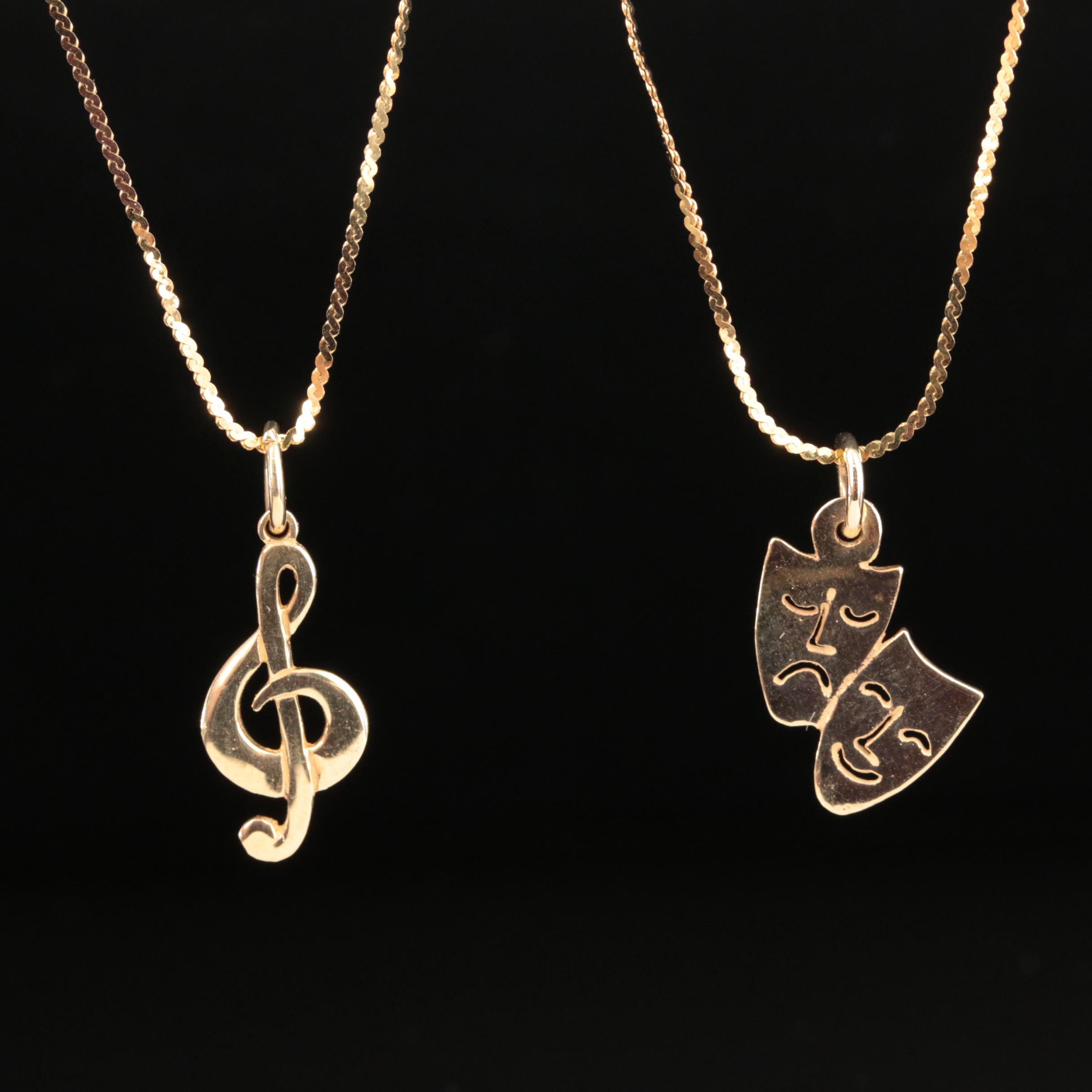 14K Treble Clef and Theater Masks Pendant Necklaces