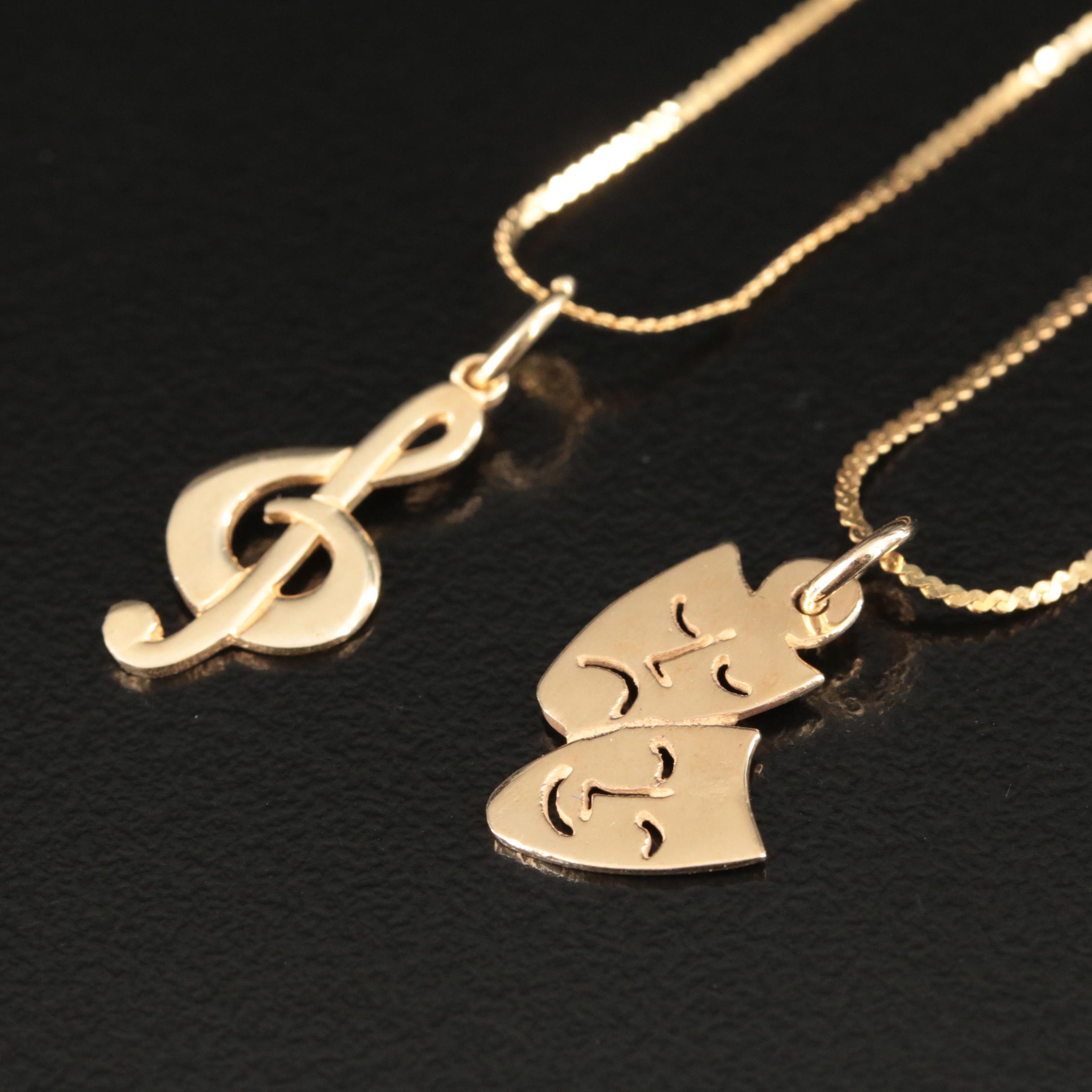 14K Treble Clef and Theater Masks Pendant Necklaces