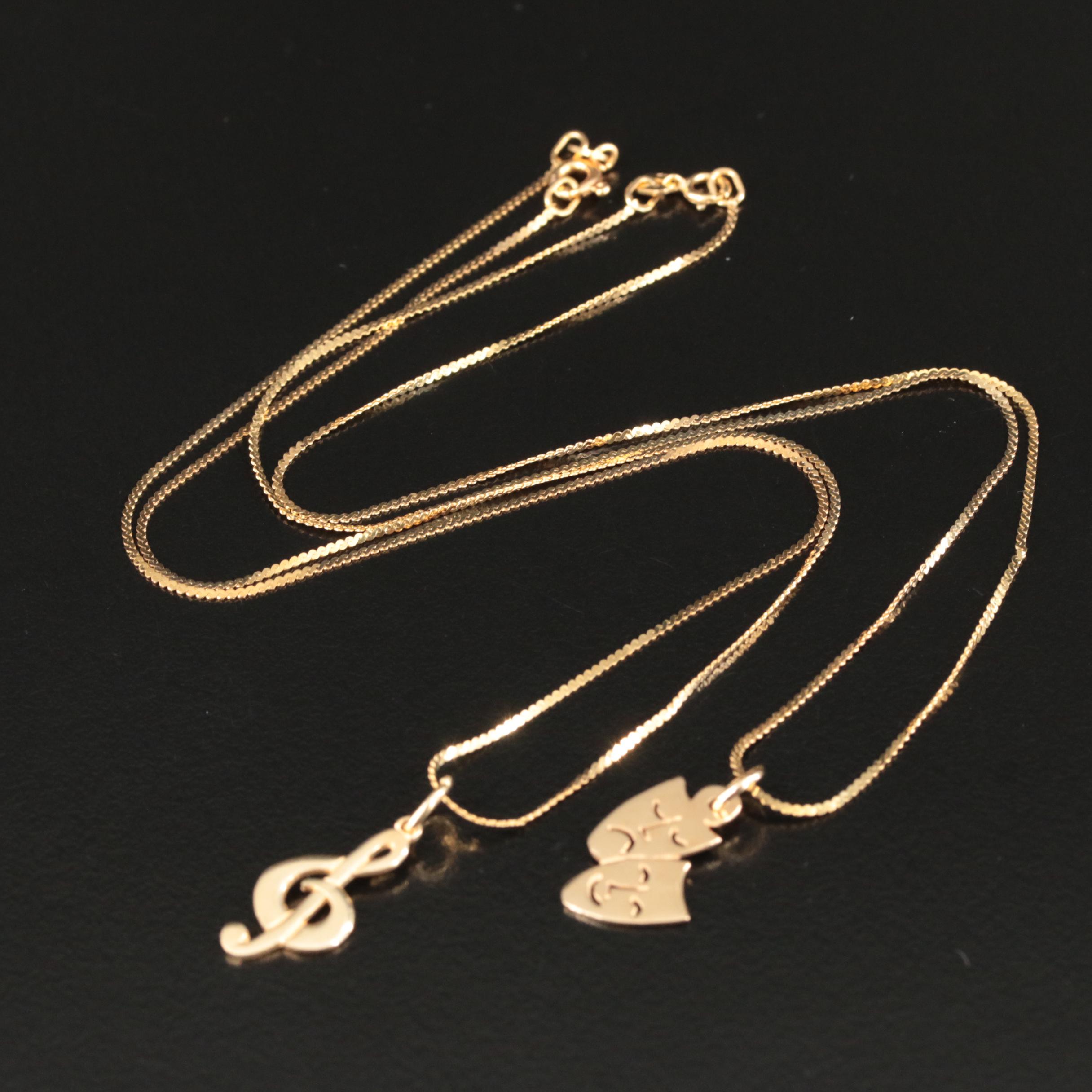 14K Treble Clef and Theater Masks Pendant Necklaces