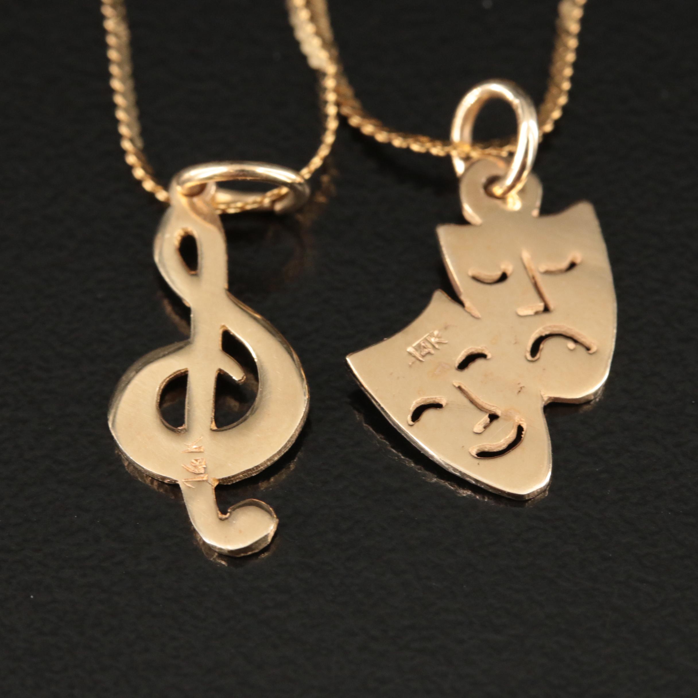 14K Treble Clef and Theater Masks Pendant Necklaces