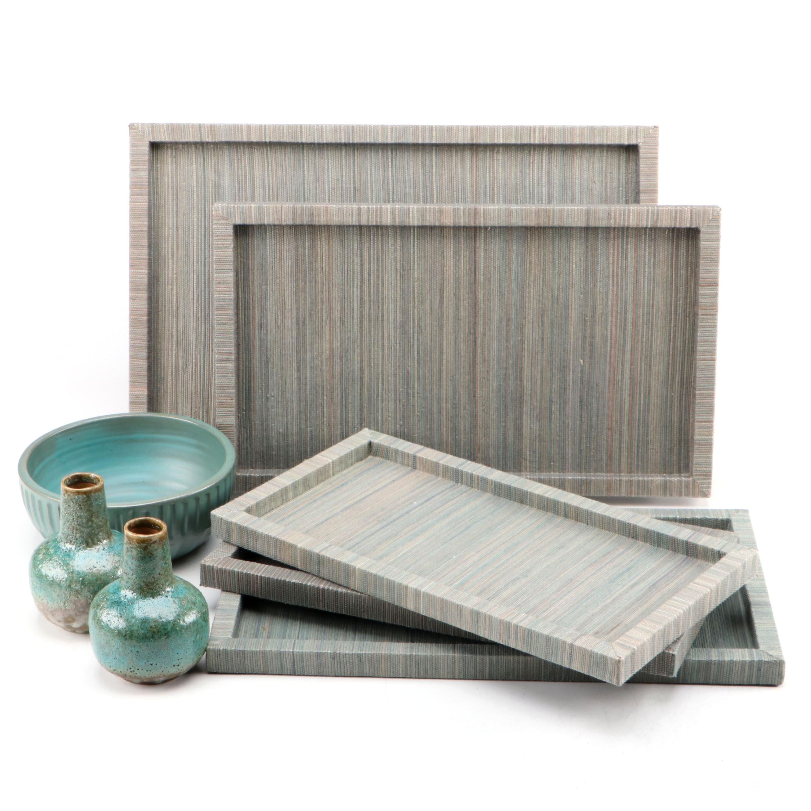 Green Seagrass Wrapped Trays, Mottled Glaze Stoneware Vases and More
