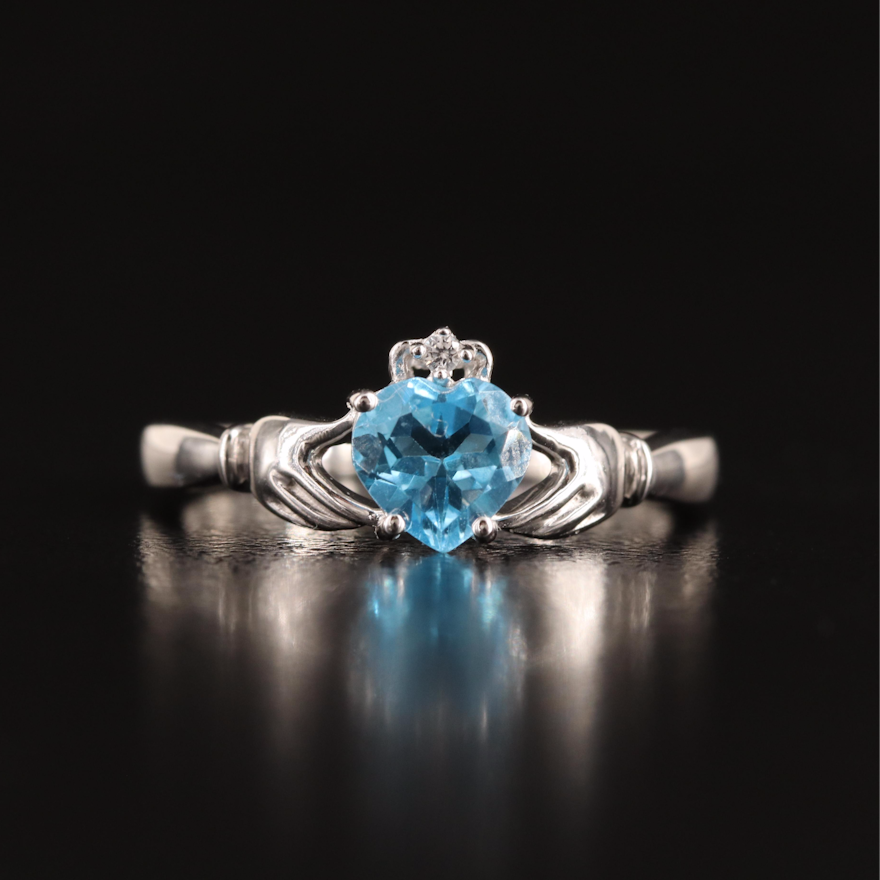 Sterling Sky Blue Topaz and White Sapphire Claddagh Ring