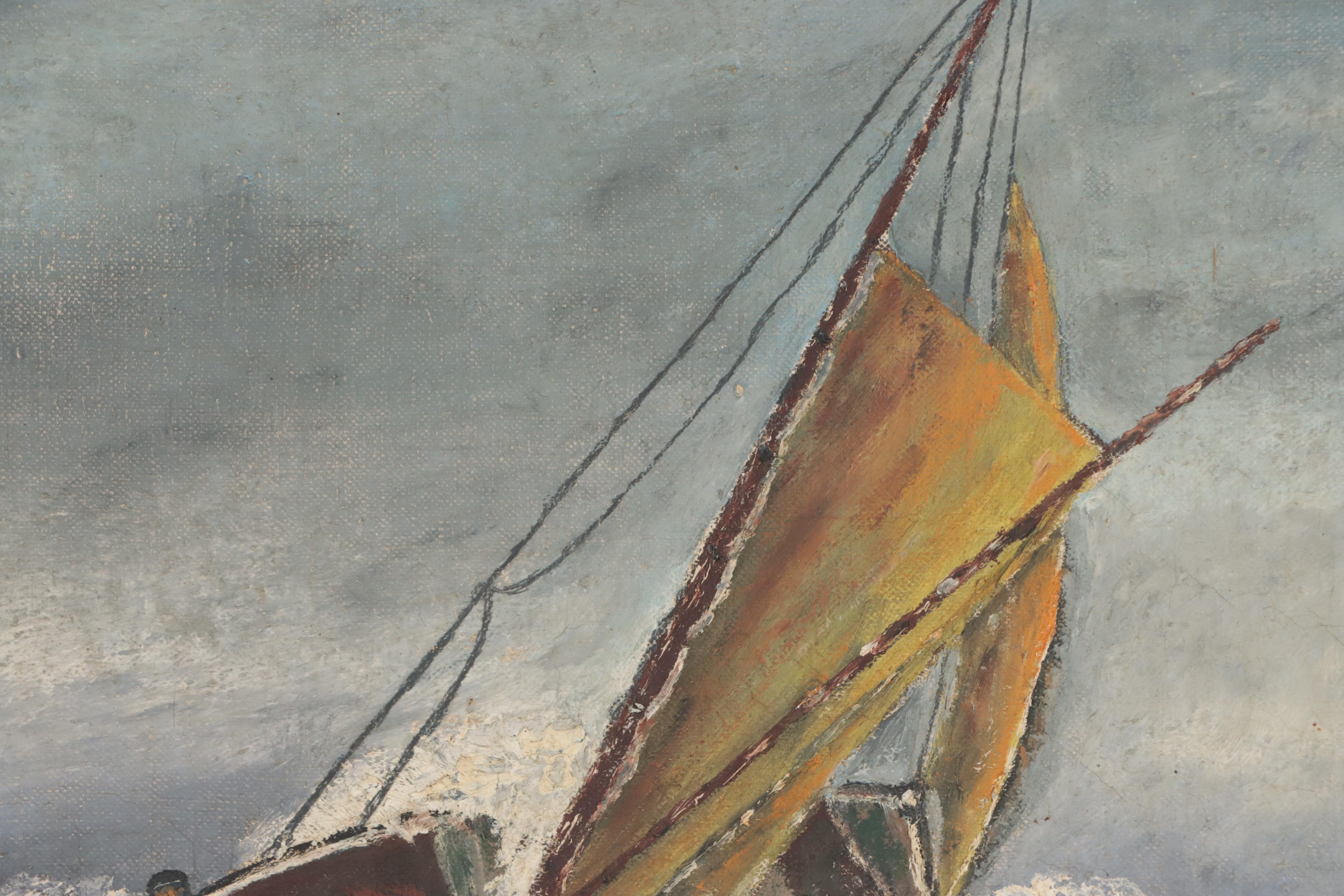 Nautical Oil Painting of Ship in Storm, 1904