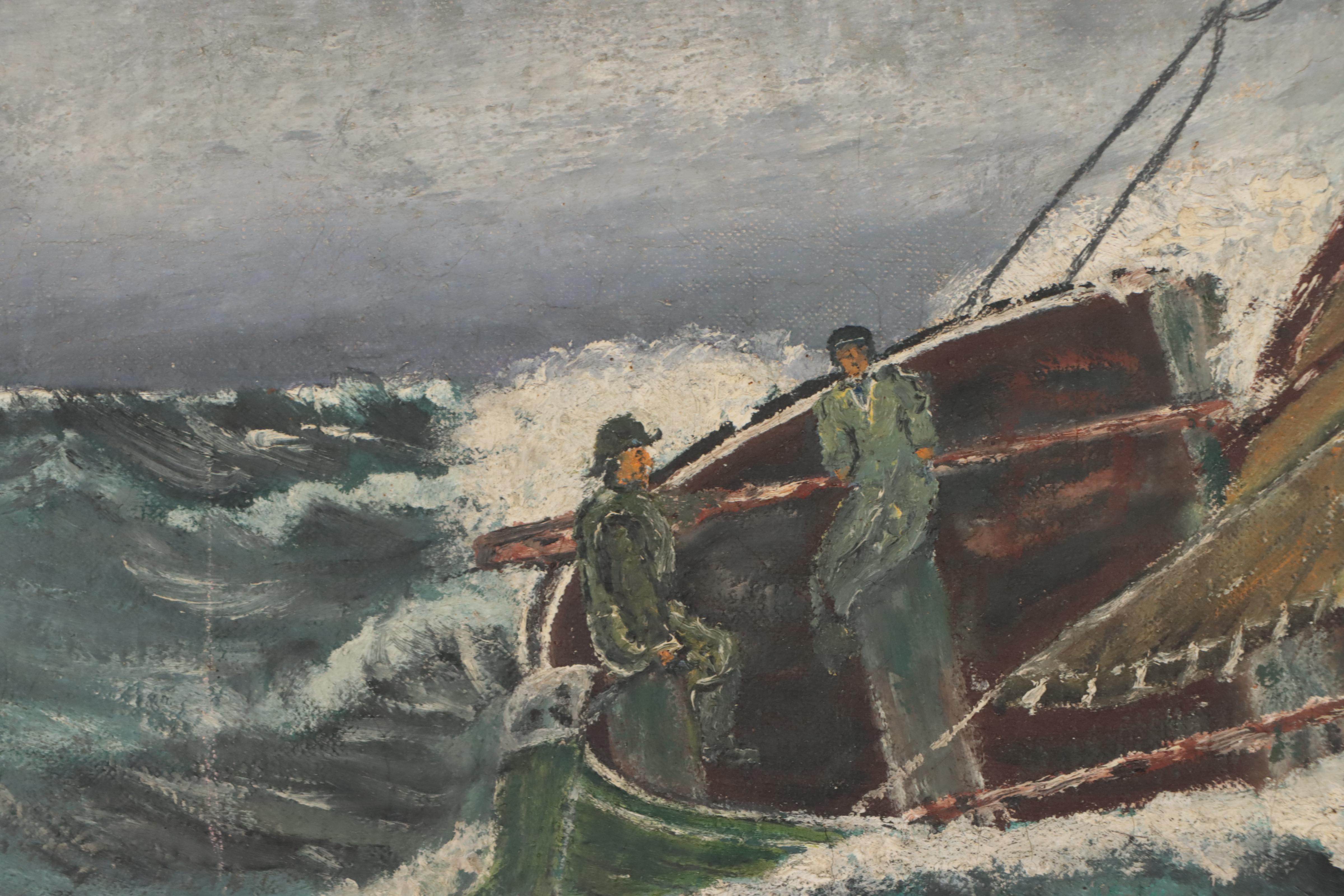Nautical Oil Painting of Ship in Storm, 1904