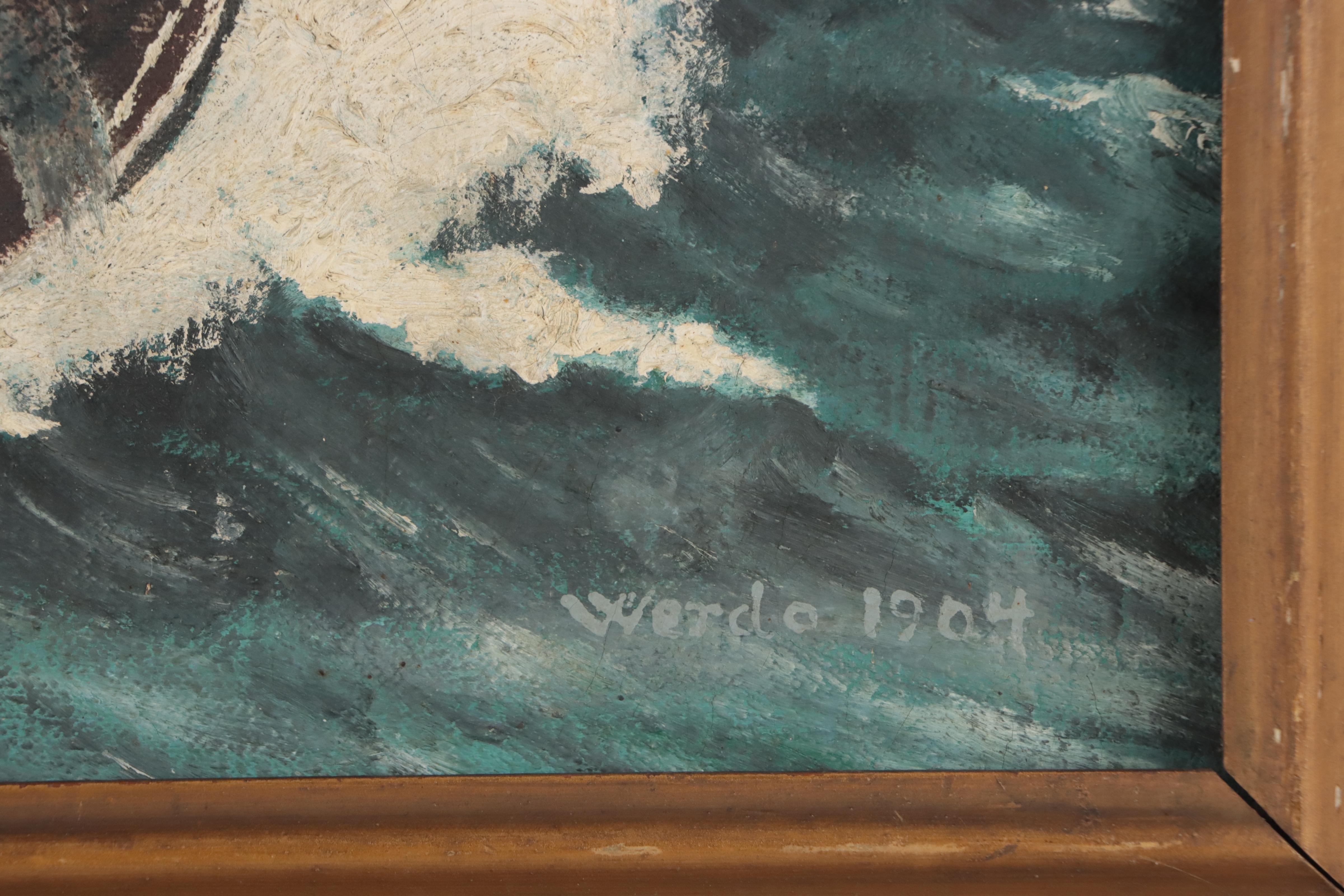 Nautical Oil Painting of Ship in Storm, 1904