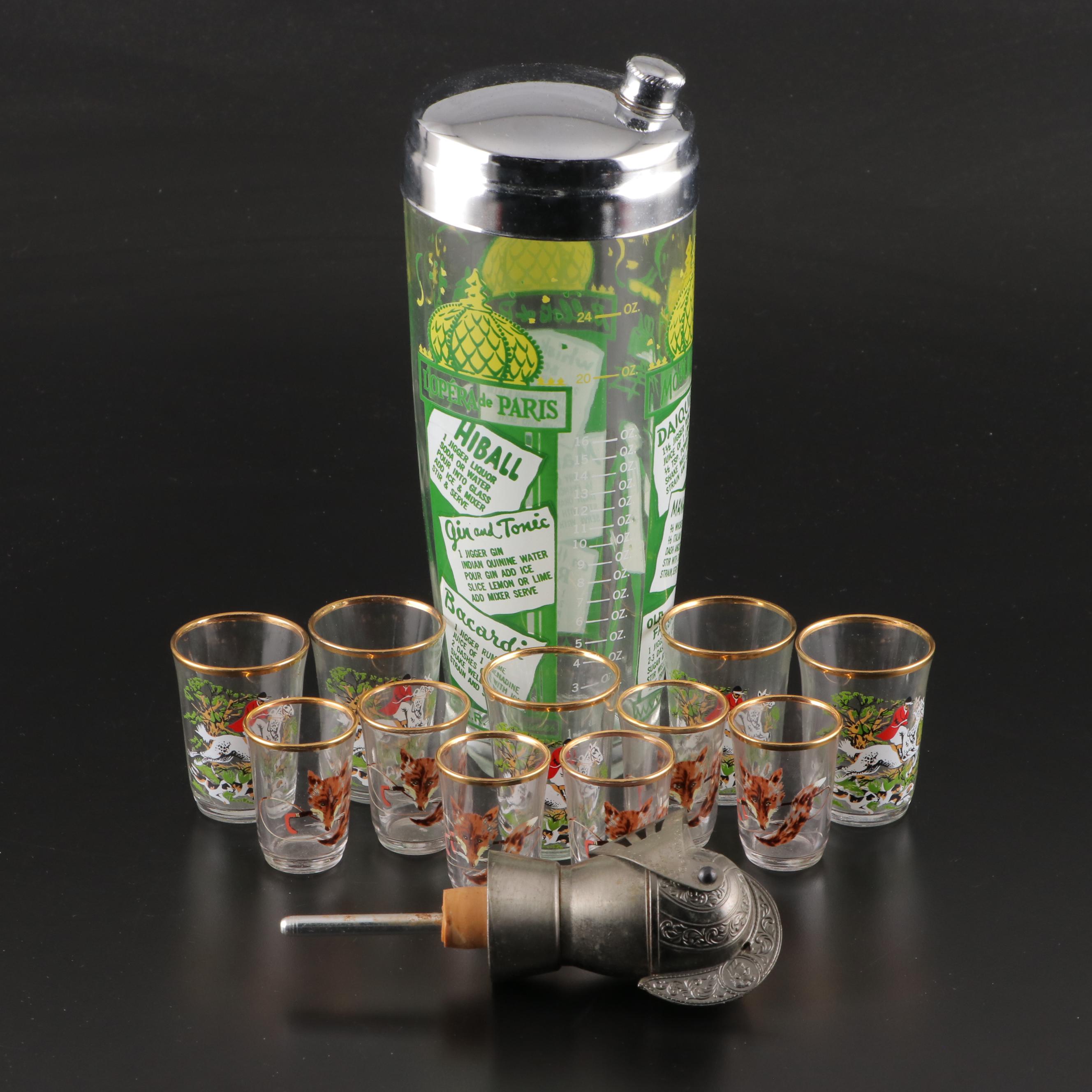 French Fox Hunting Shot Glasses with Recipe Cocktail Shaker and Dispenser