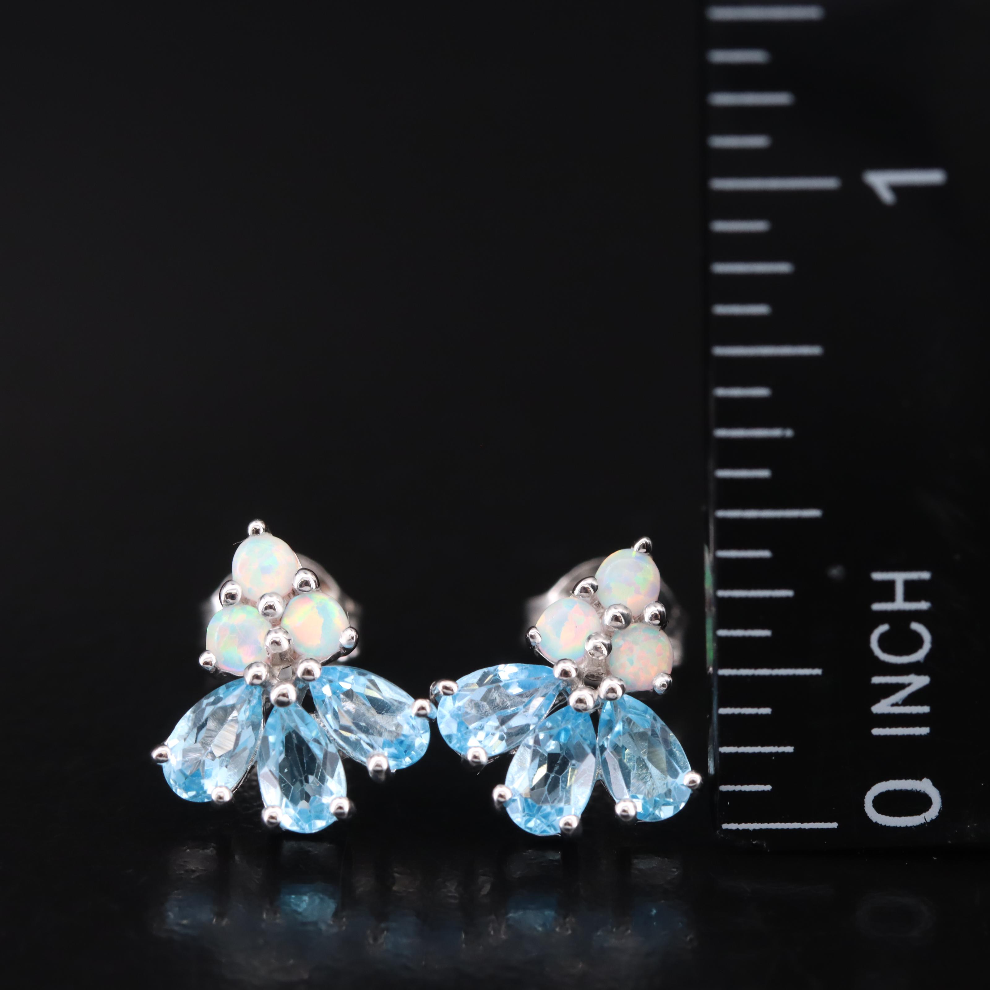 Sterling Sky Blue Topaz and Opal Stud Earrings