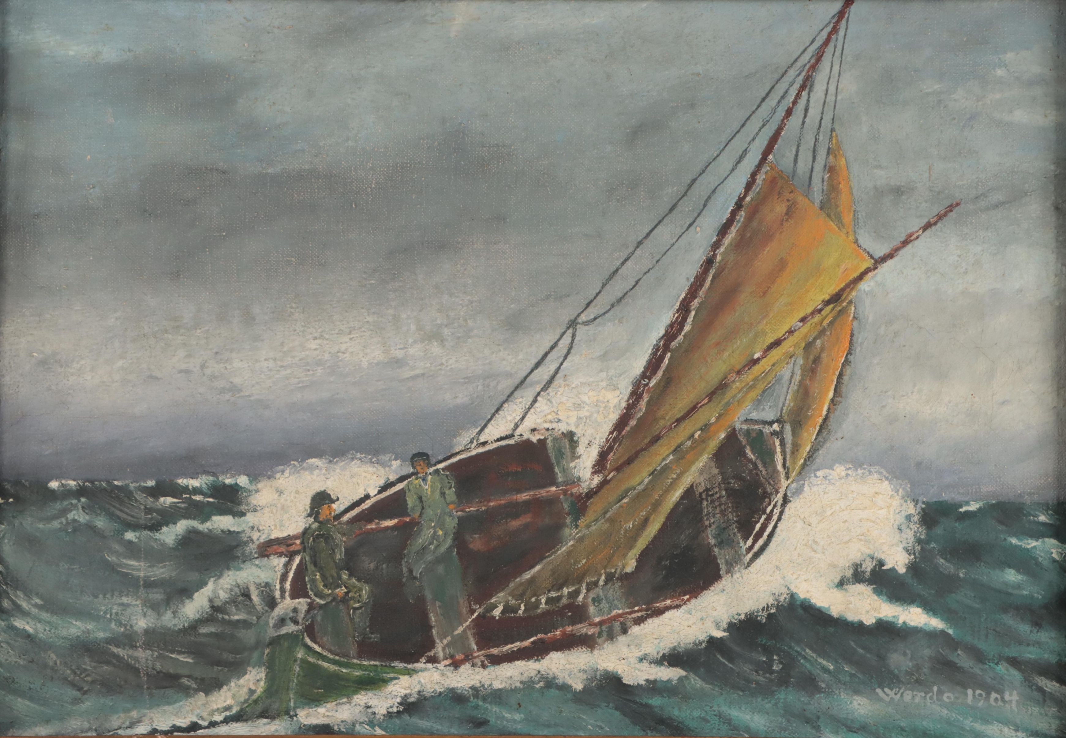 Nautical Oil Painting of Ship in Storm, 1904