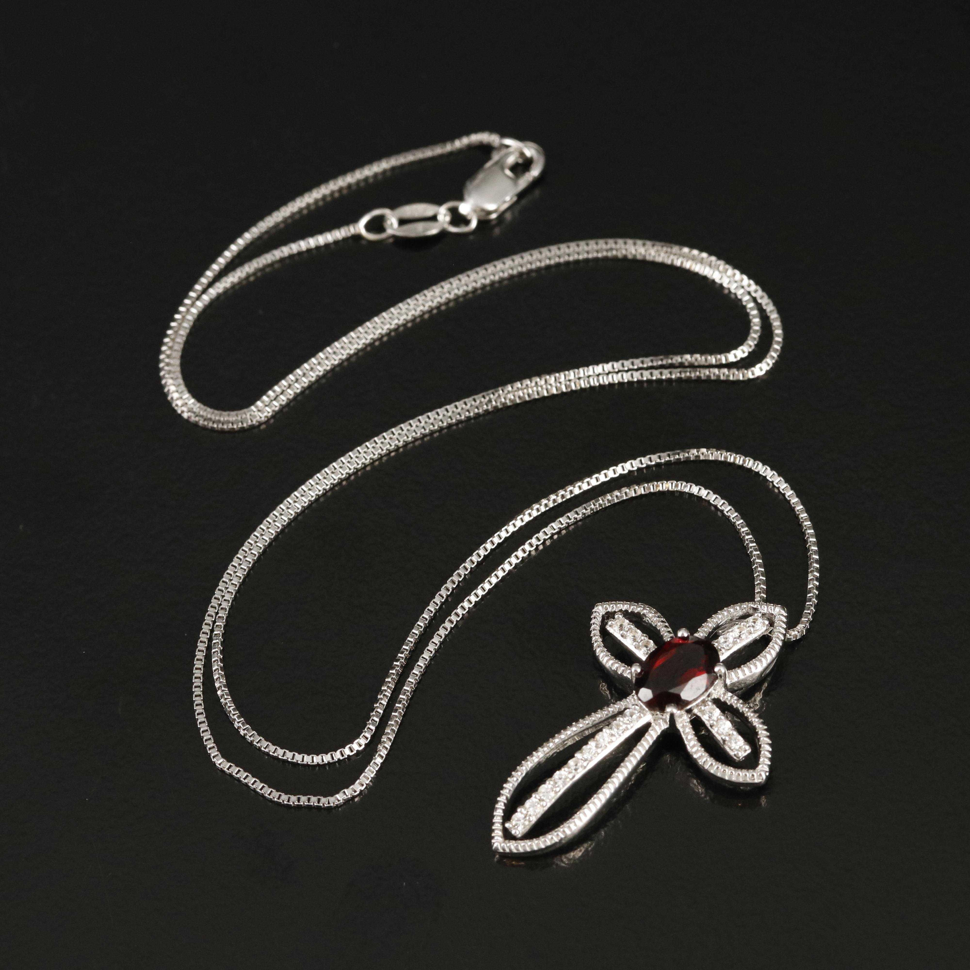 Sterling Garnet Cross Pendant Necklace