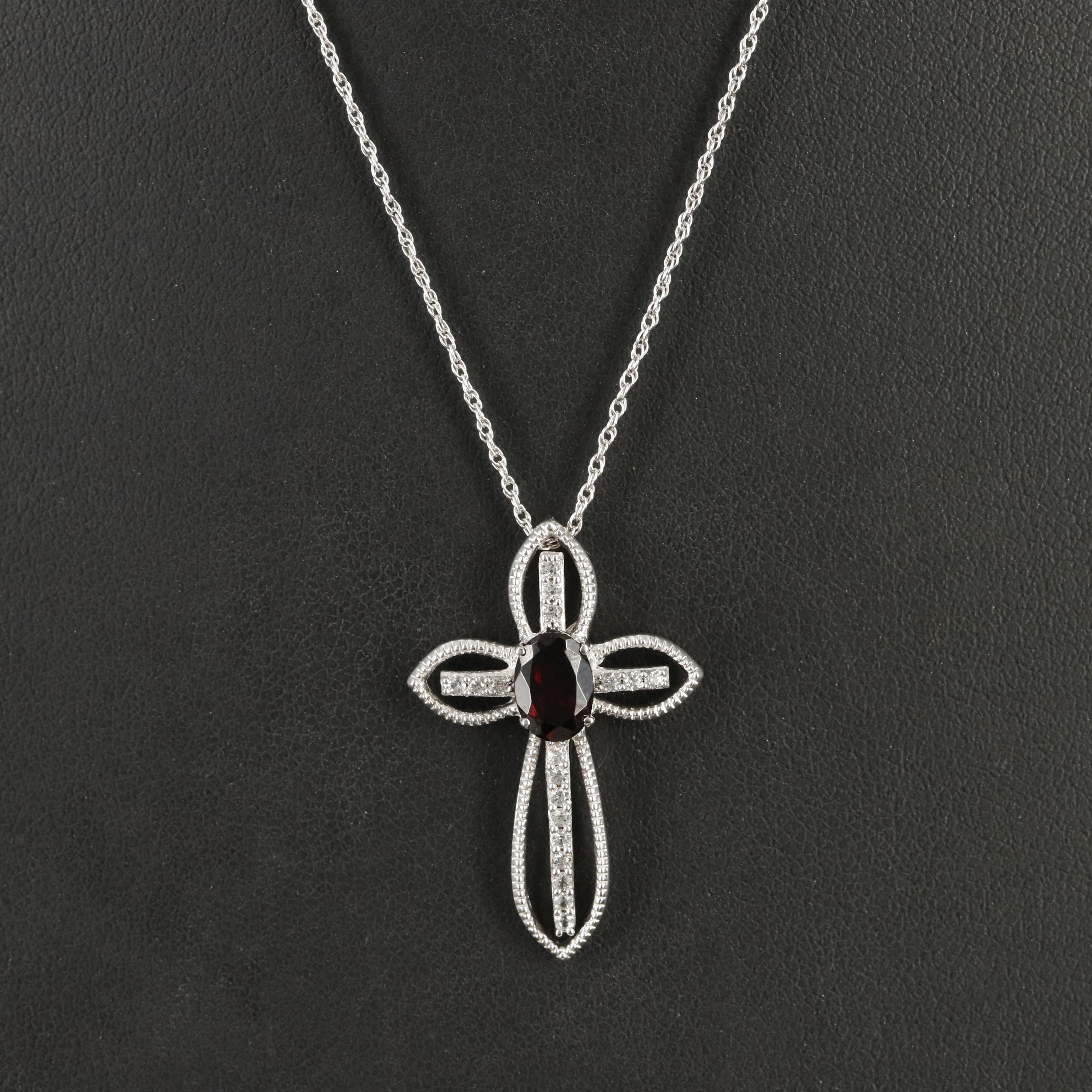 Sterling Garnet and Sapphire Cross Pendant Necklace