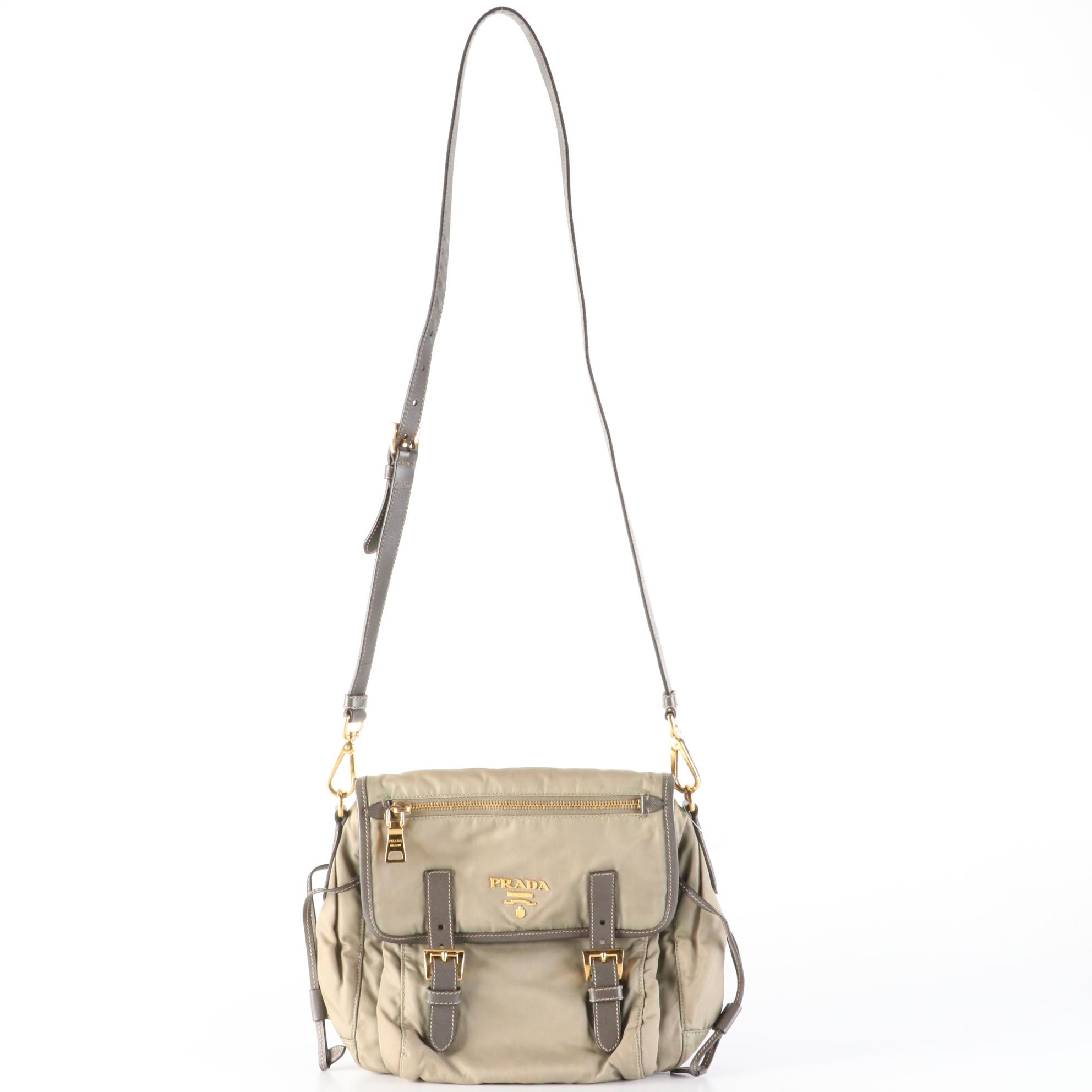 Prada Nylon and Leather Buckle Flap Shoulder Bag