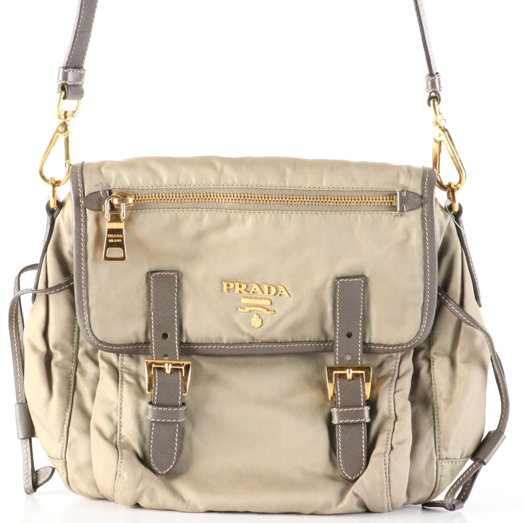 Prada Nylon and Leather Buckle Flap Shoulder Bag