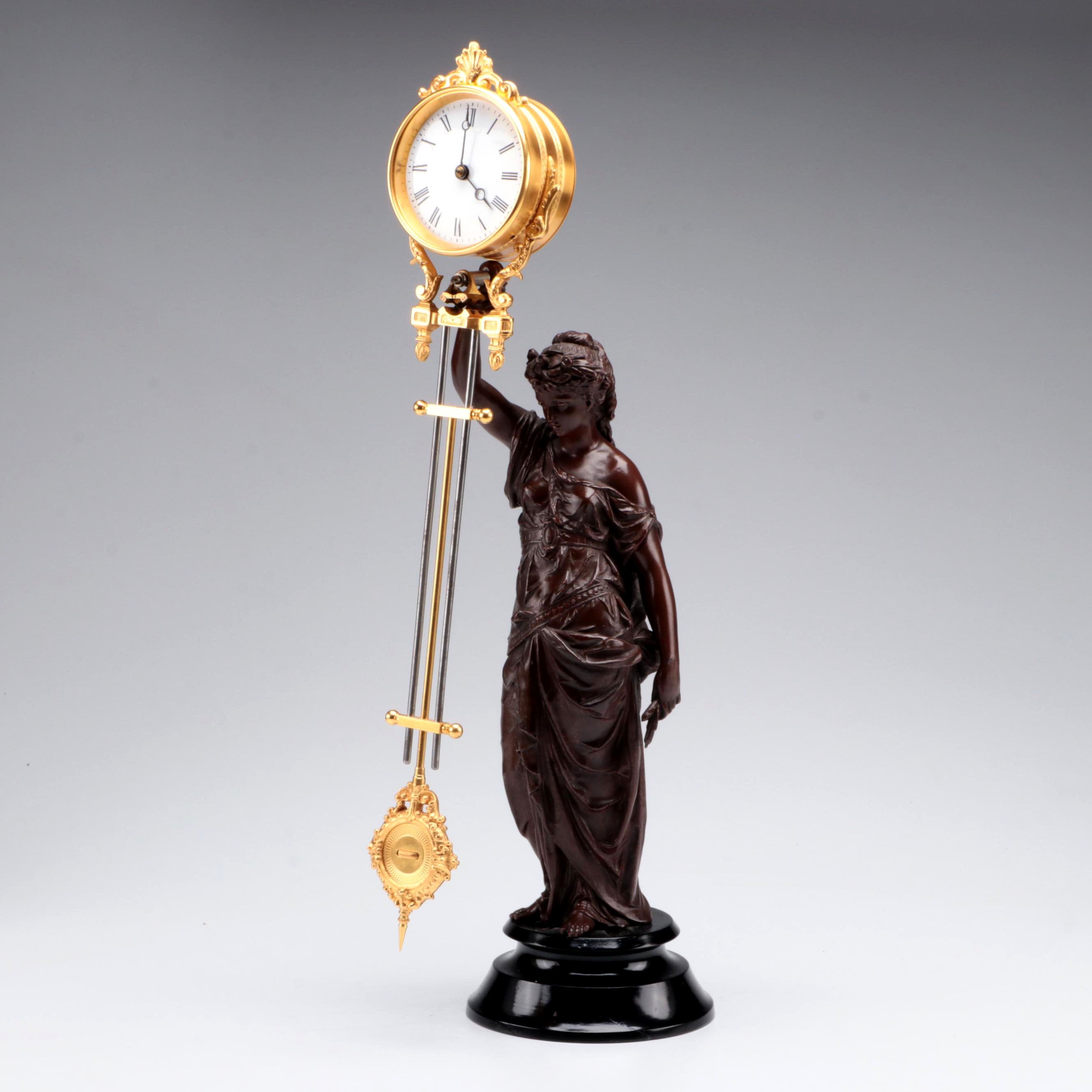 French Empire Style Gilt Bronze and Bronzed Metal Figural Pendule Clock
