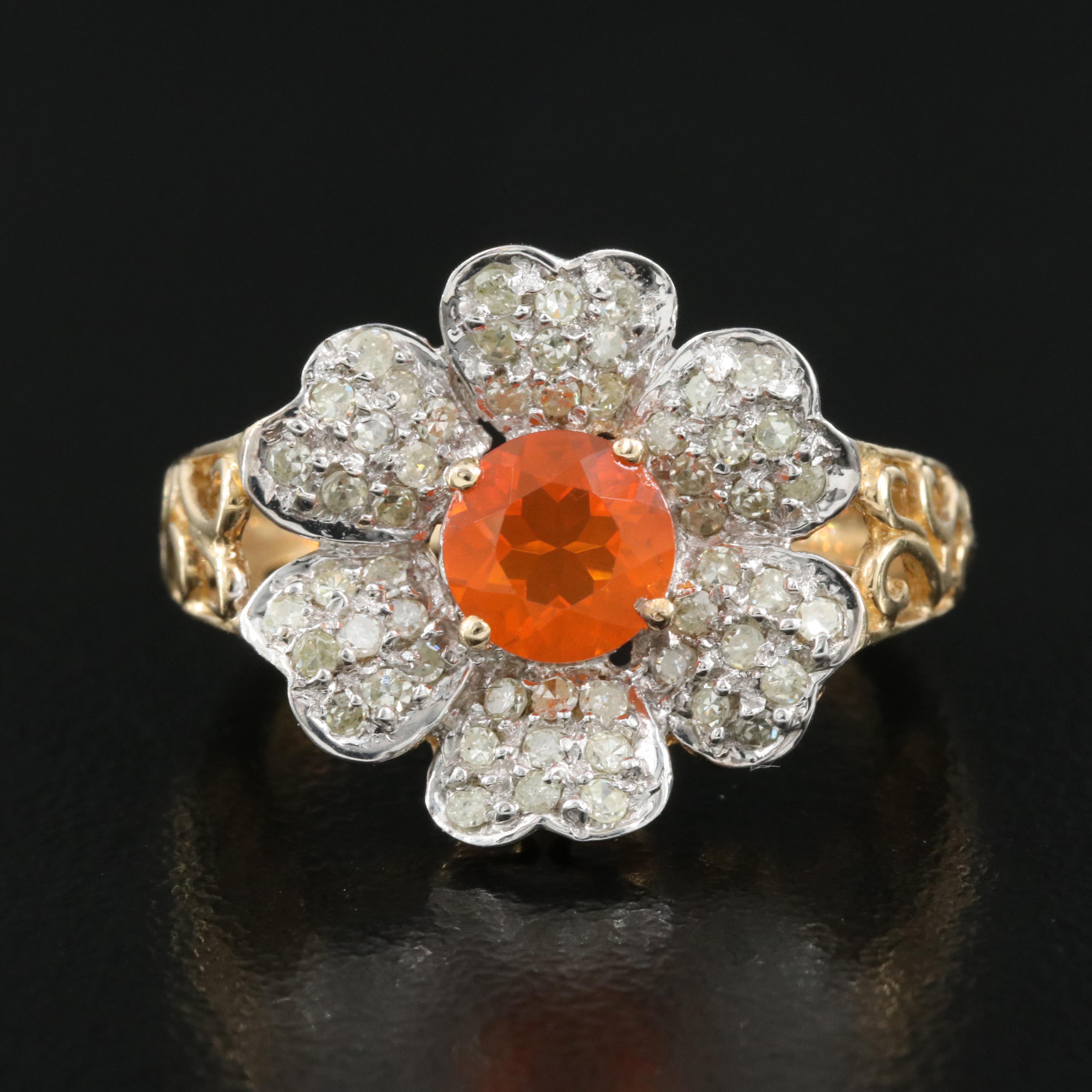 14K Fire Opal and Diamond Ring