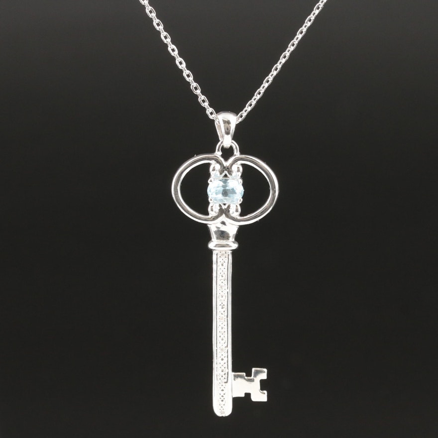 Sterling Sky Blue Topaz and Diamond Key Pendant Necklace