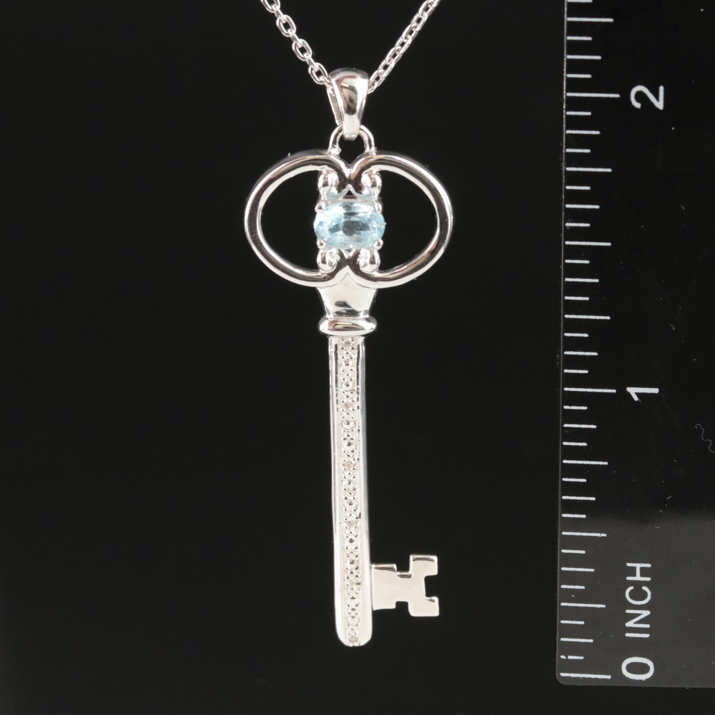 Sterling Sky Blue Topaz and Diamond Key Pendant Necklace