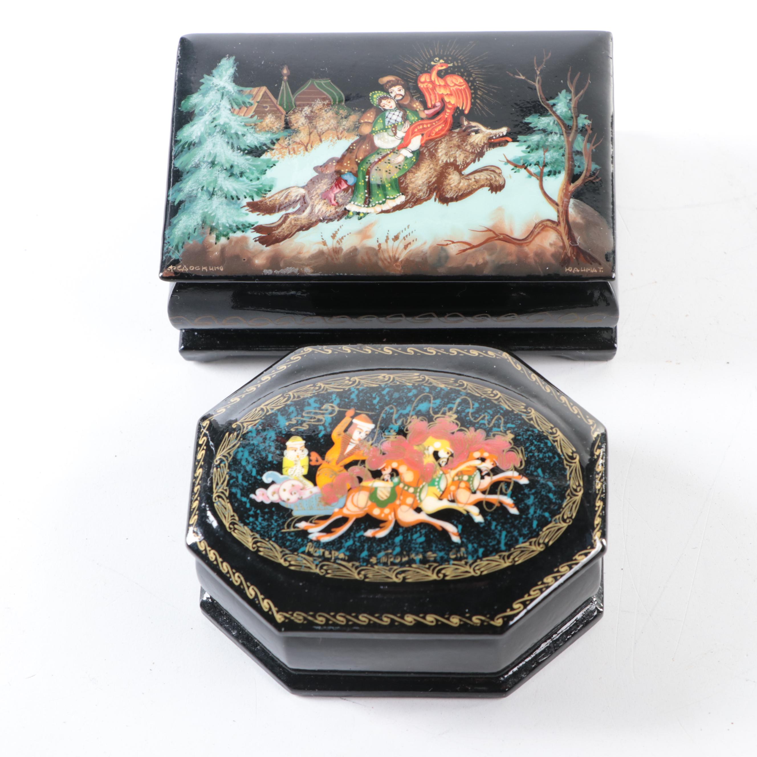 Russian Hand-Painted Lacquered Boxes with Fedoskino
