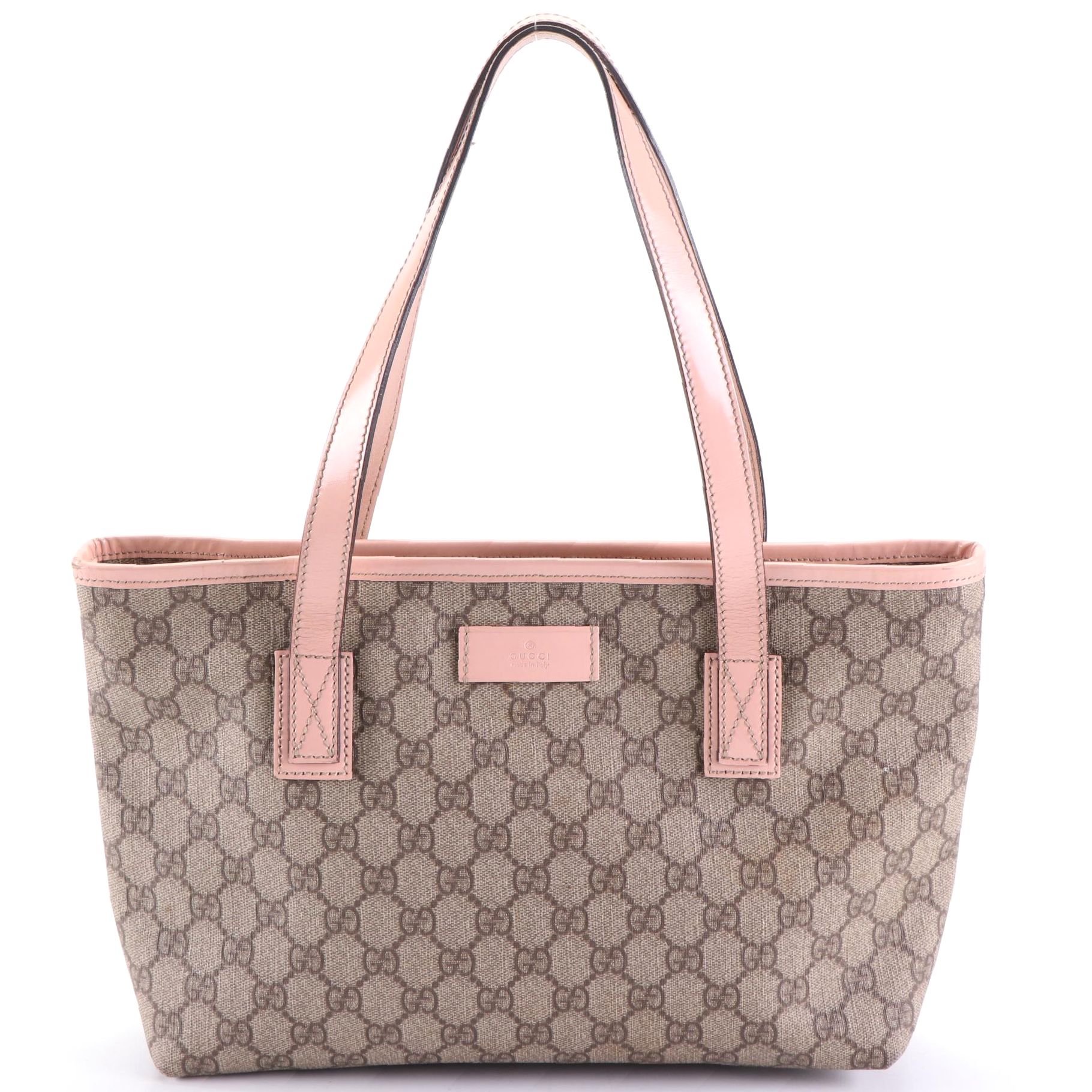 Gucci Tote Bag in GG Coated Canvas with Pink Leather Trim