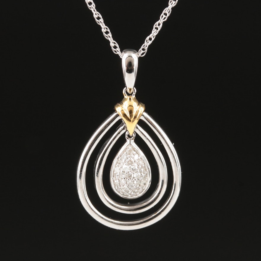 Sterling Pavé Diamond Drop Necklace with 14K Accent