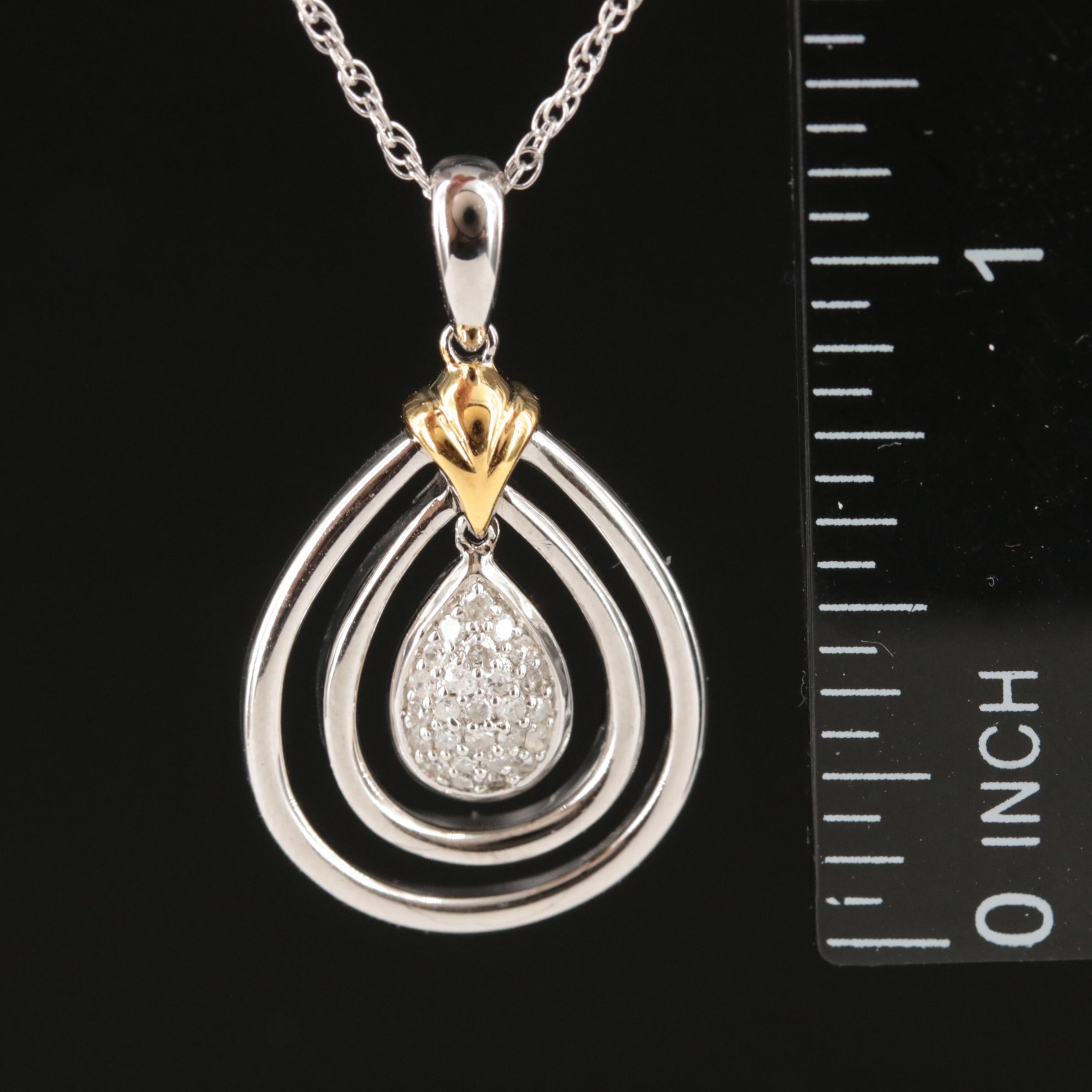 Sterling Pavé Diamond Drop Necklace with 14K Accent