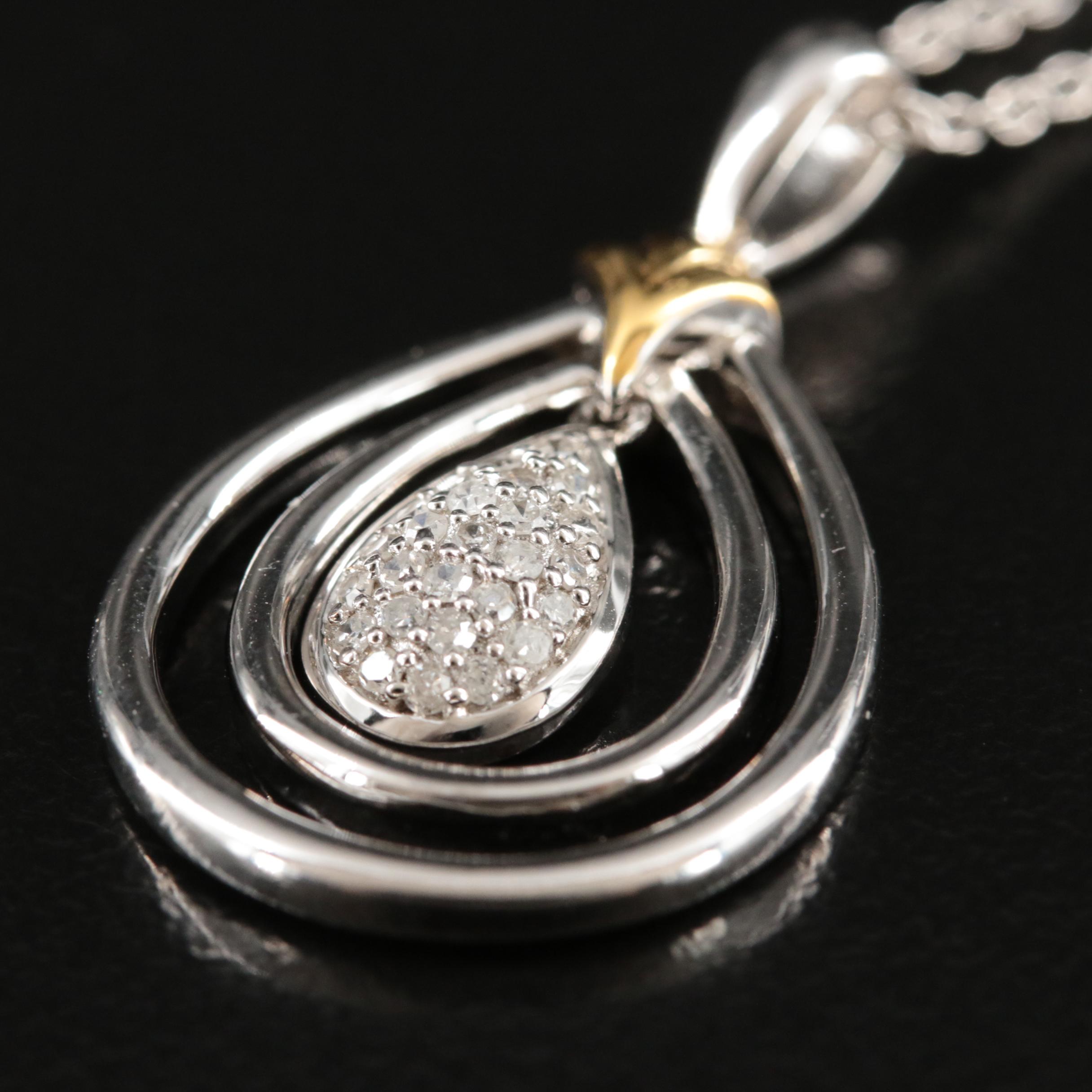 Sterling Pavé Diamond Drop Necklace with 14K Accent