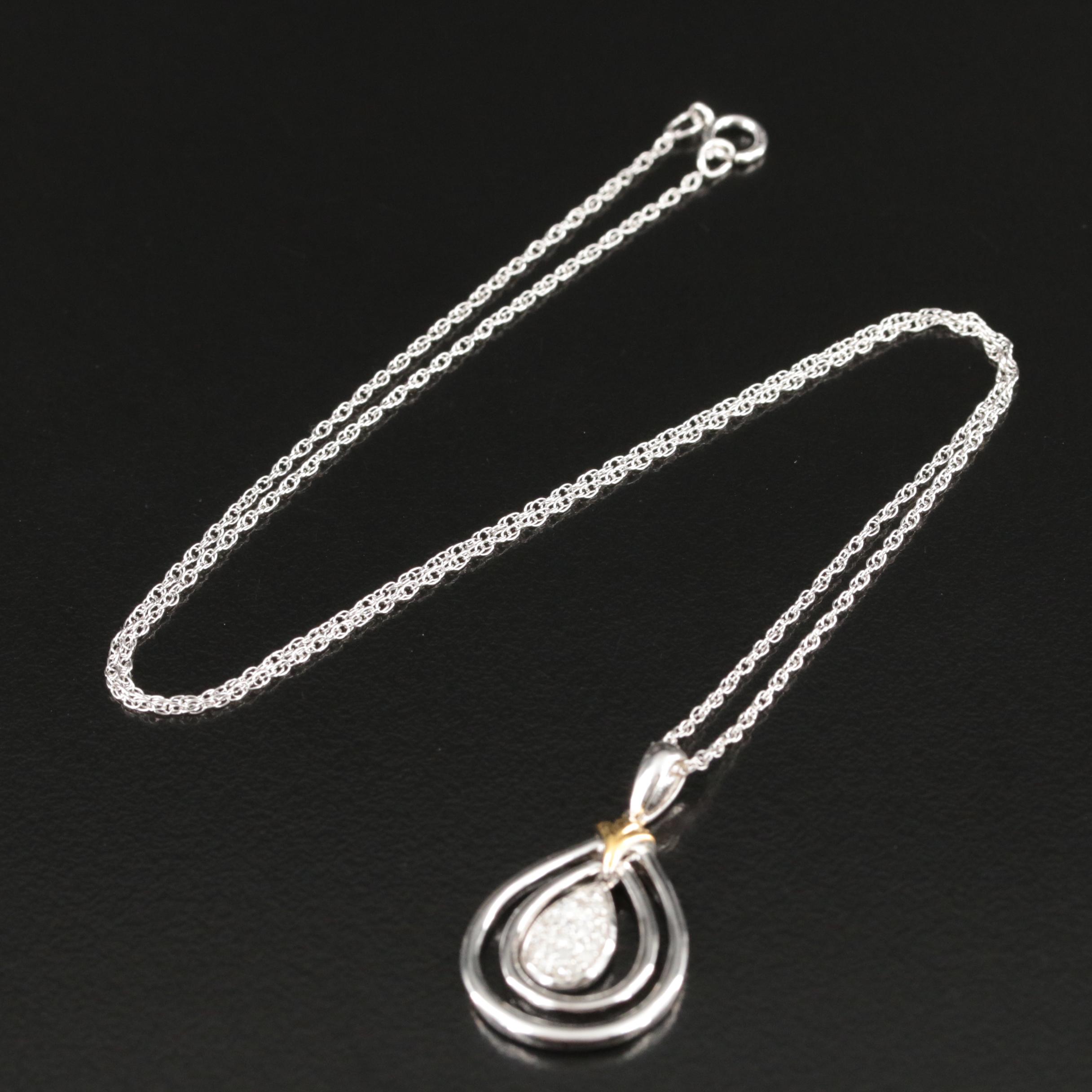 Sterling Pavé Diamond Drop Necklace with 14K Accent