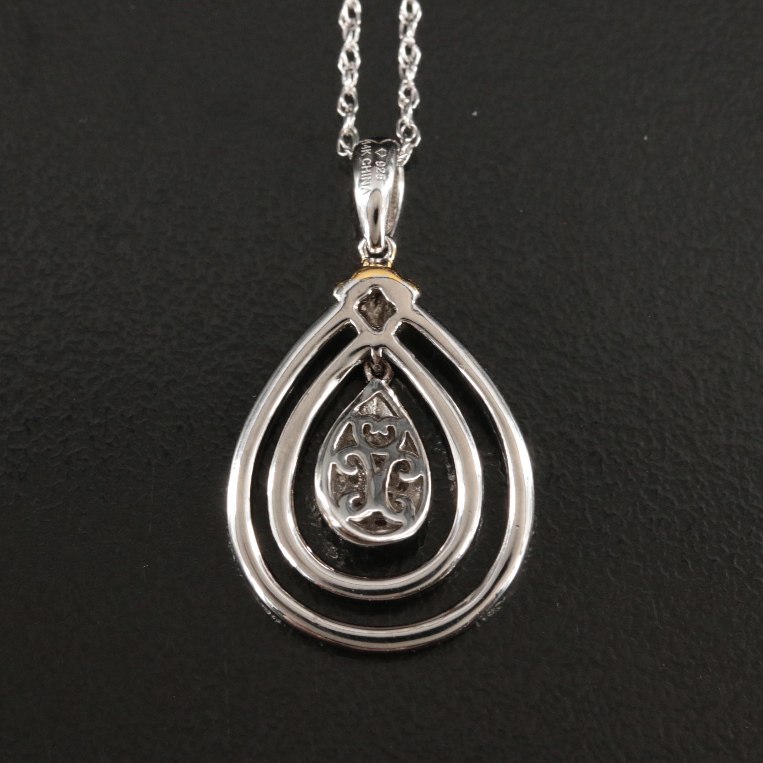 Sterling Pavé Diamond Drop Necklace with 14K Accent