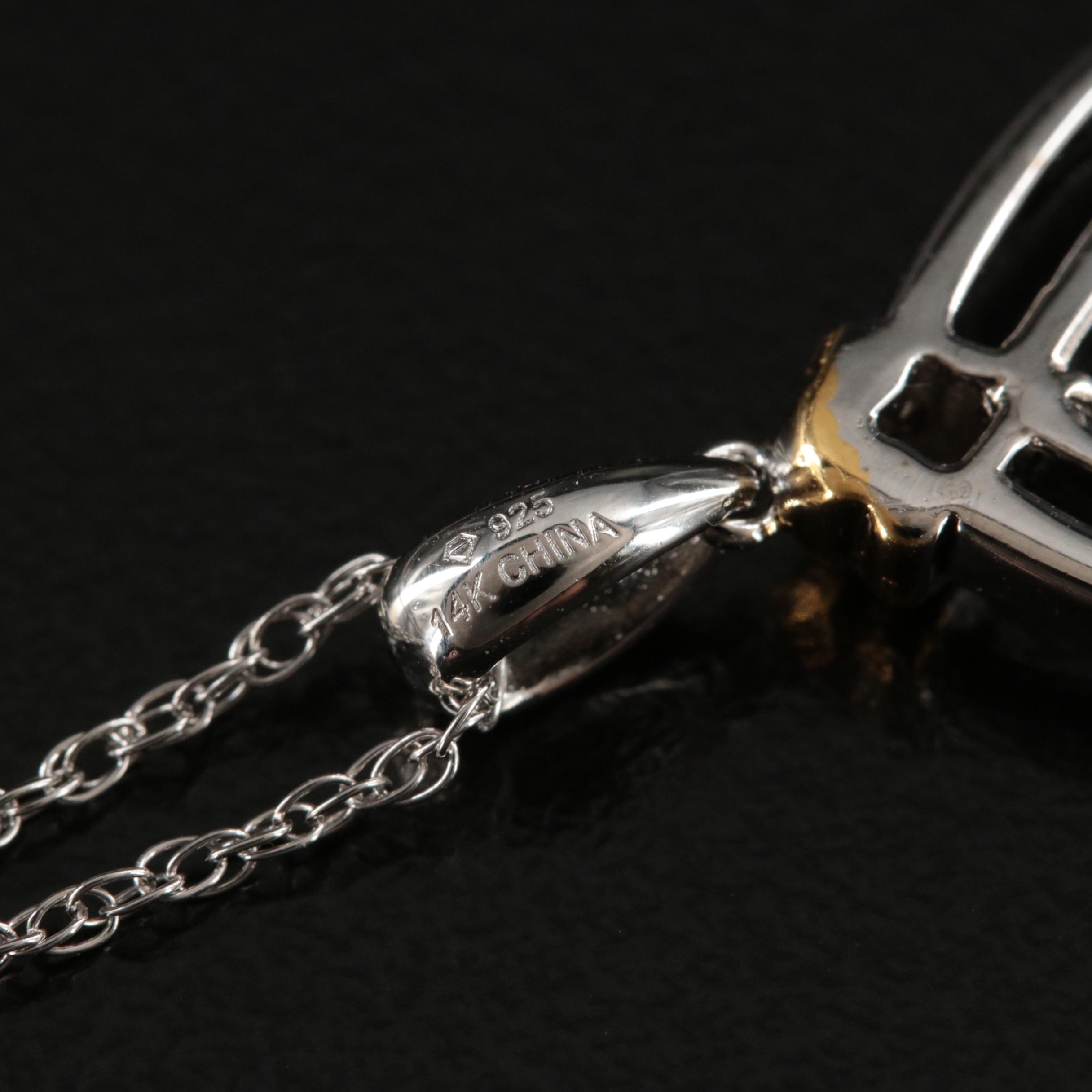 Sterling Pavé Diamond Drop Necklace with 14K Accent