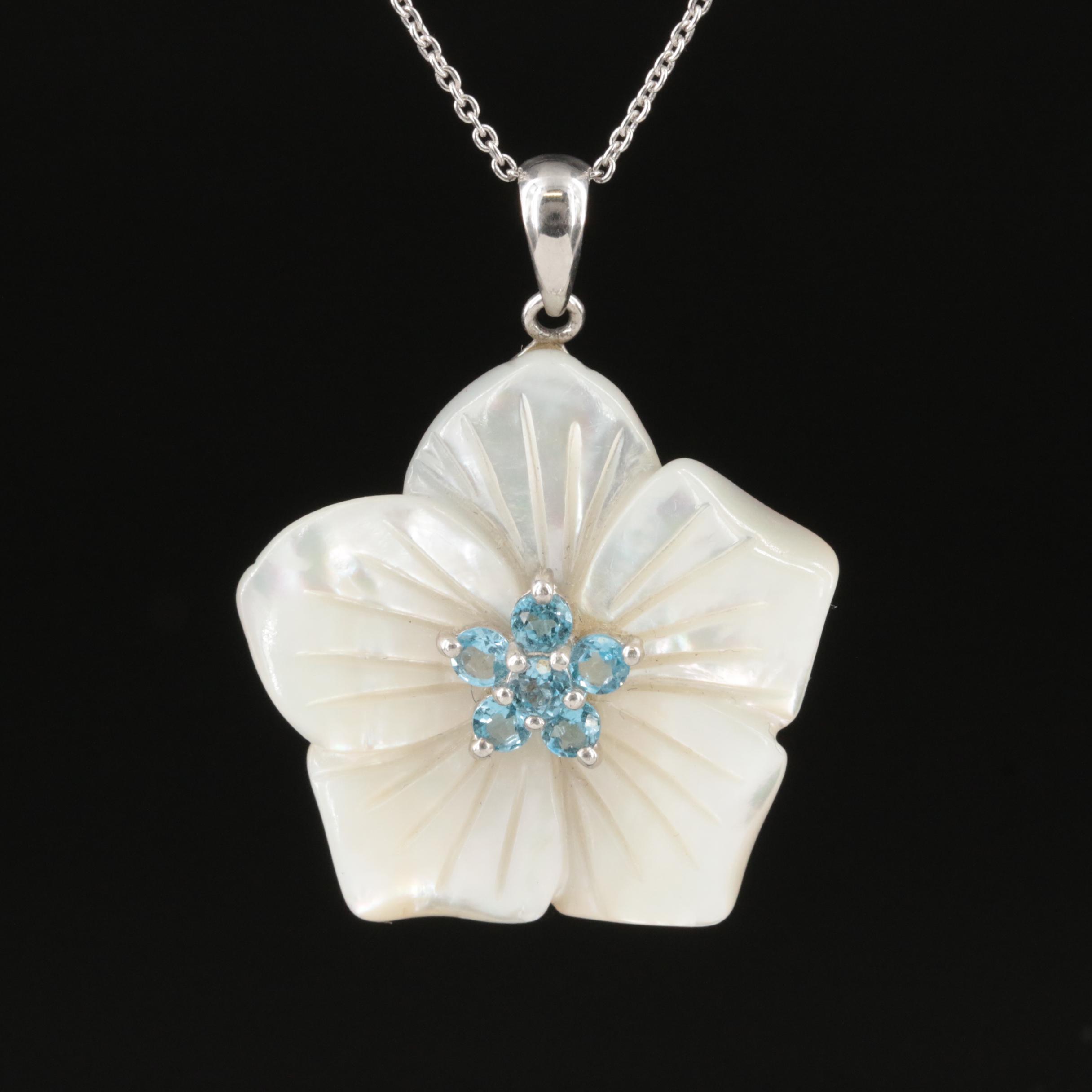 Sterling Mother of Pearl and Topaz Plumeria Flower Necklace