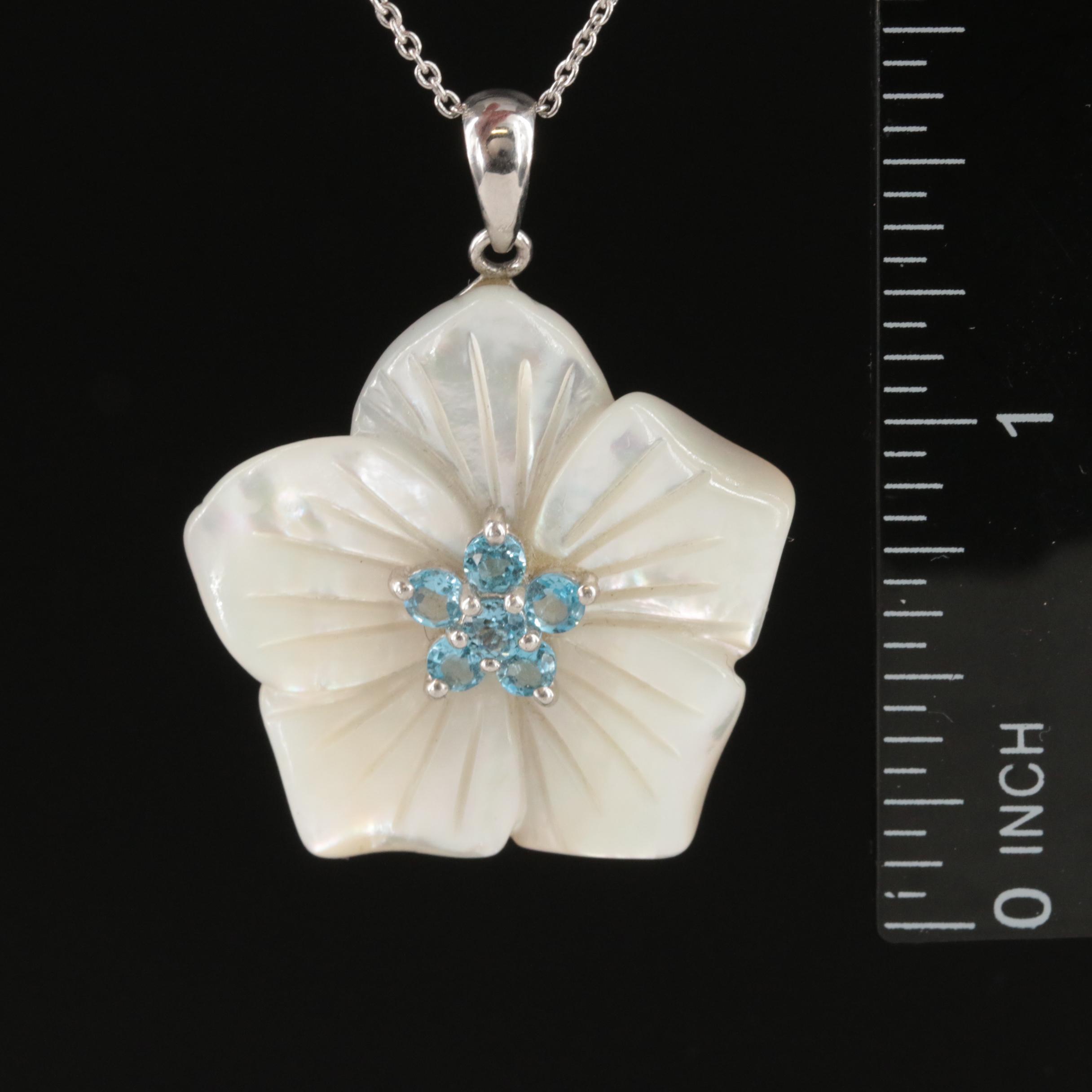 Sterling Mother of Pearl and Topaz Plumeria Flower Necklace