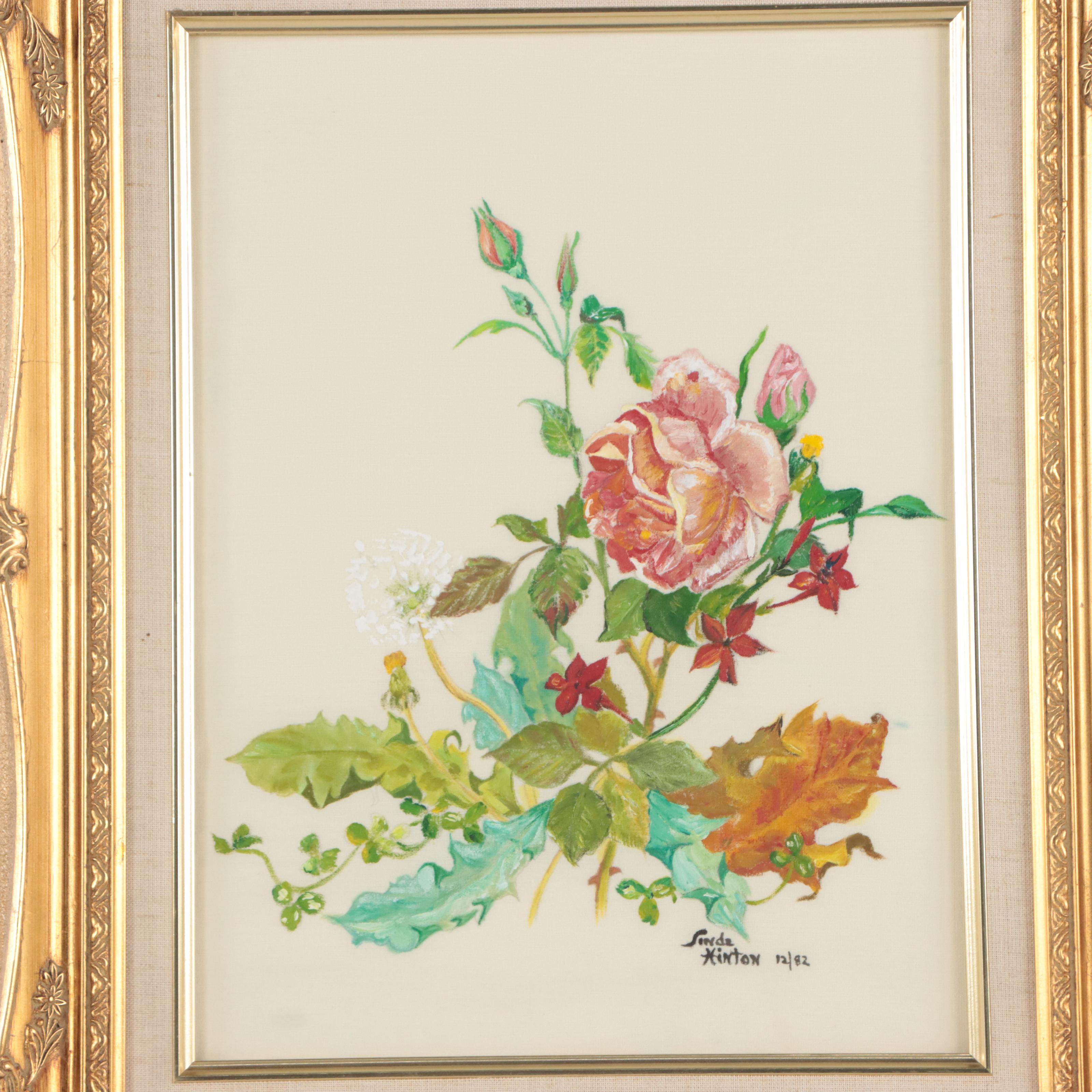 Linda Hinton Floral Scene Acrylic Painting, 1982