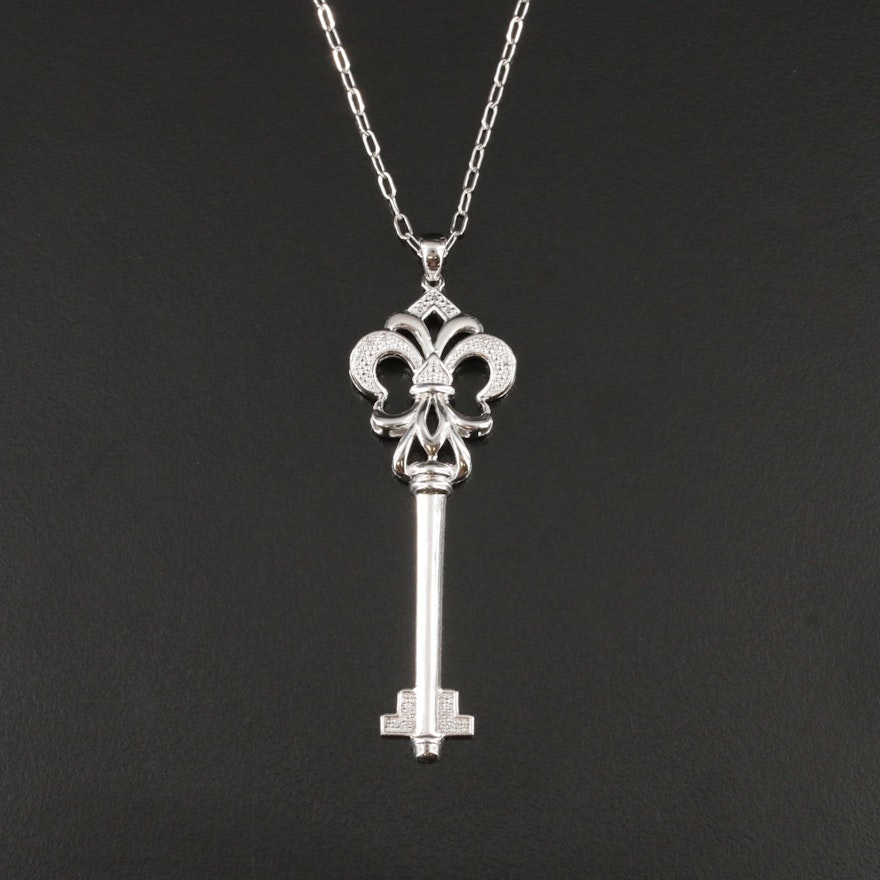 Sterling Diamond Fleur-de-Lis Key Pendant Necklace