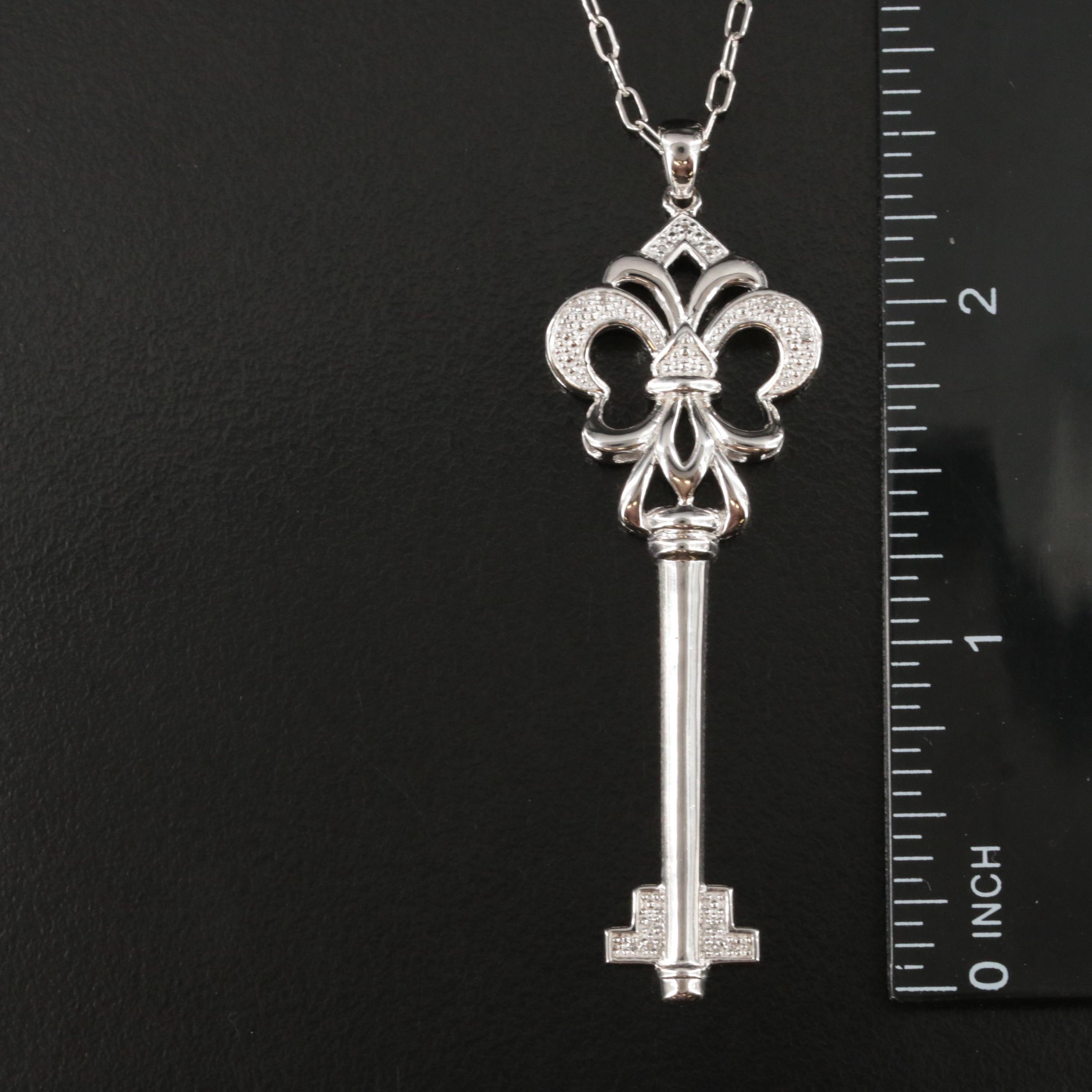 Sterling Diamond Fleur-de-Lis Key Pendant Necklace
