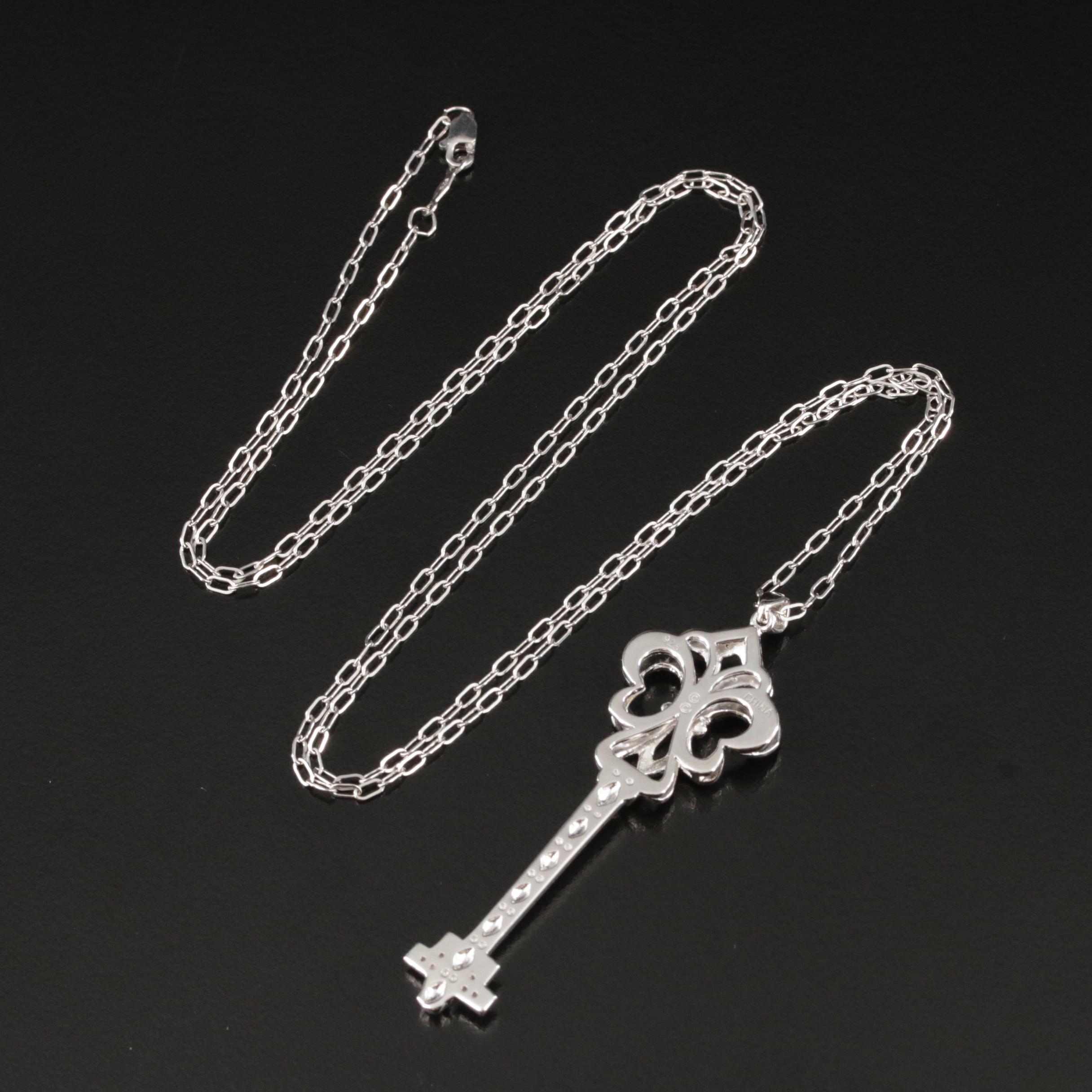 Sterling Diamond Fleur-de-Lis Key Pendant Necklace