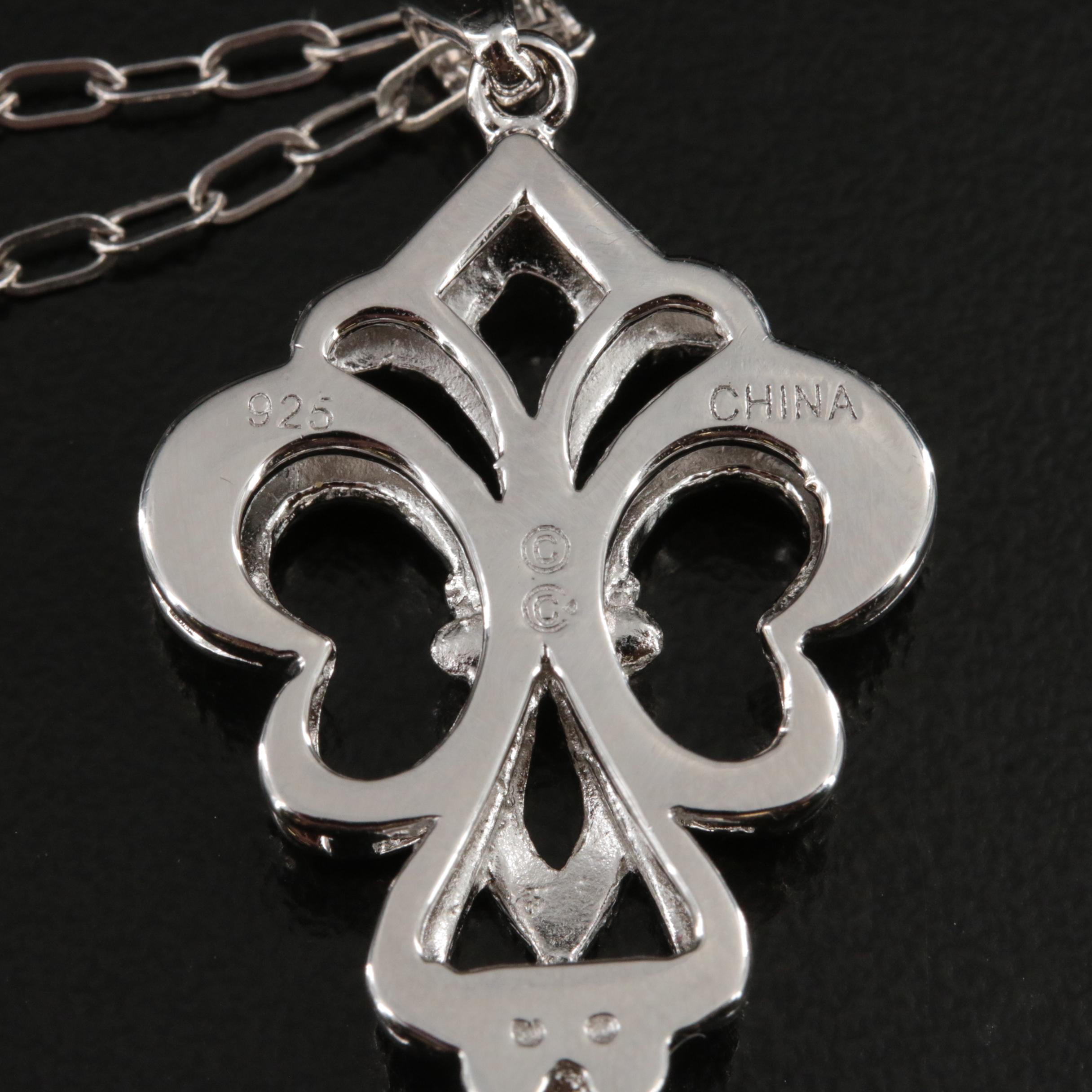 Sterling Diamond Fleur-de-Lis Key Pendant Necklace