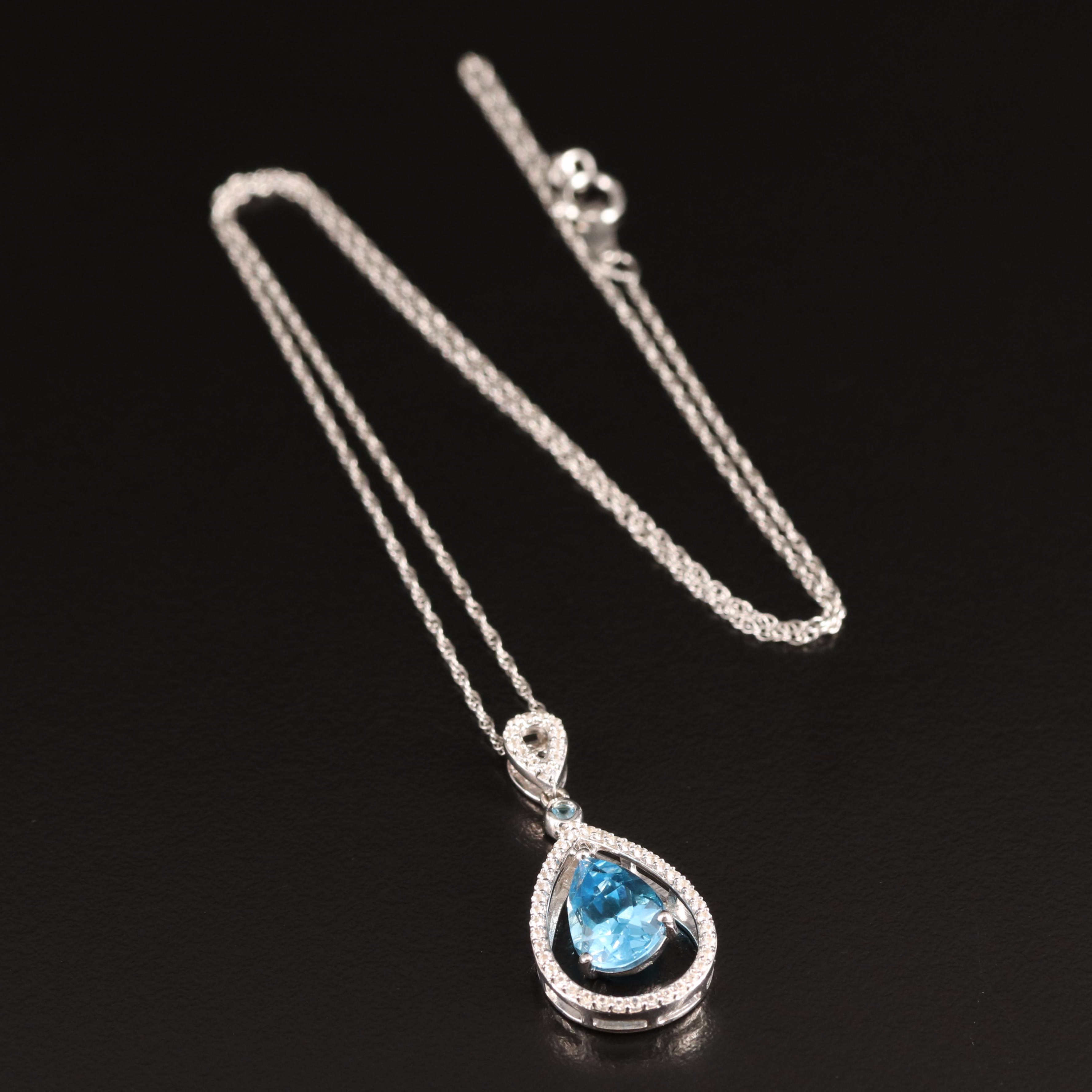 Sterling Swiss Blue Topaz and White Sapphire Teardrop Necklace