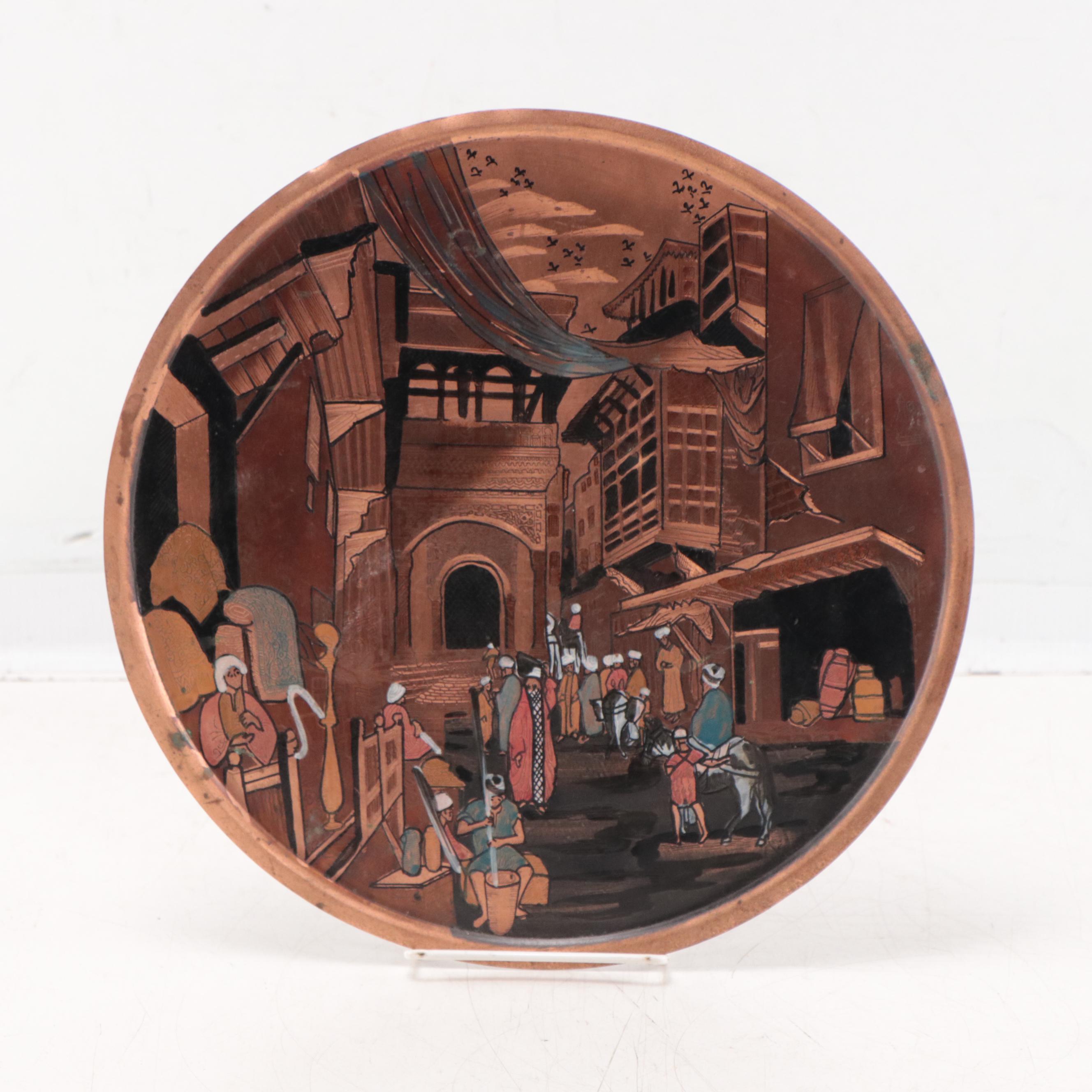 Assorted Wall Medallions Including Etched and Painted Copper Plate