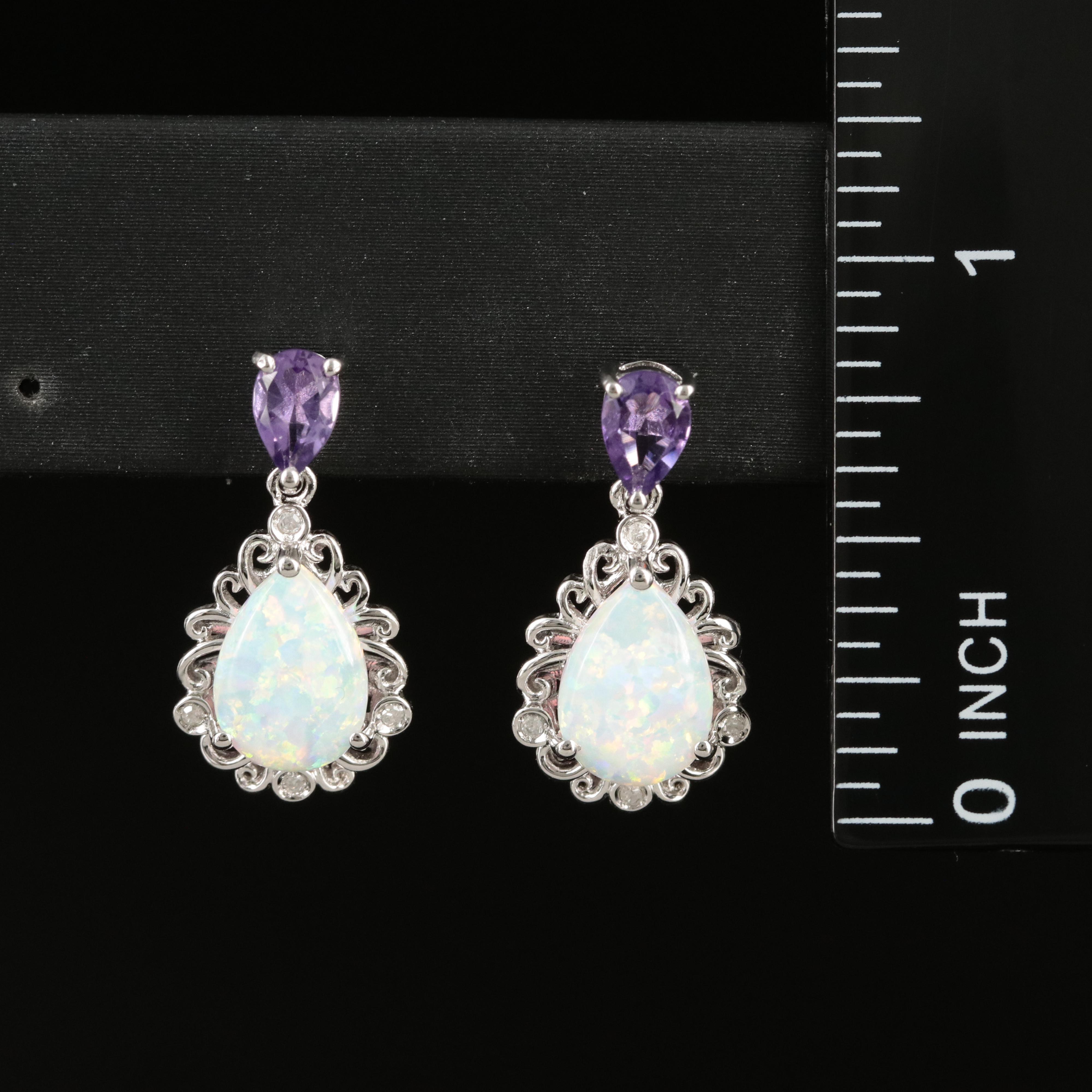 Sterling Opal, Amethyst and Diamond Teardrop Earrings
