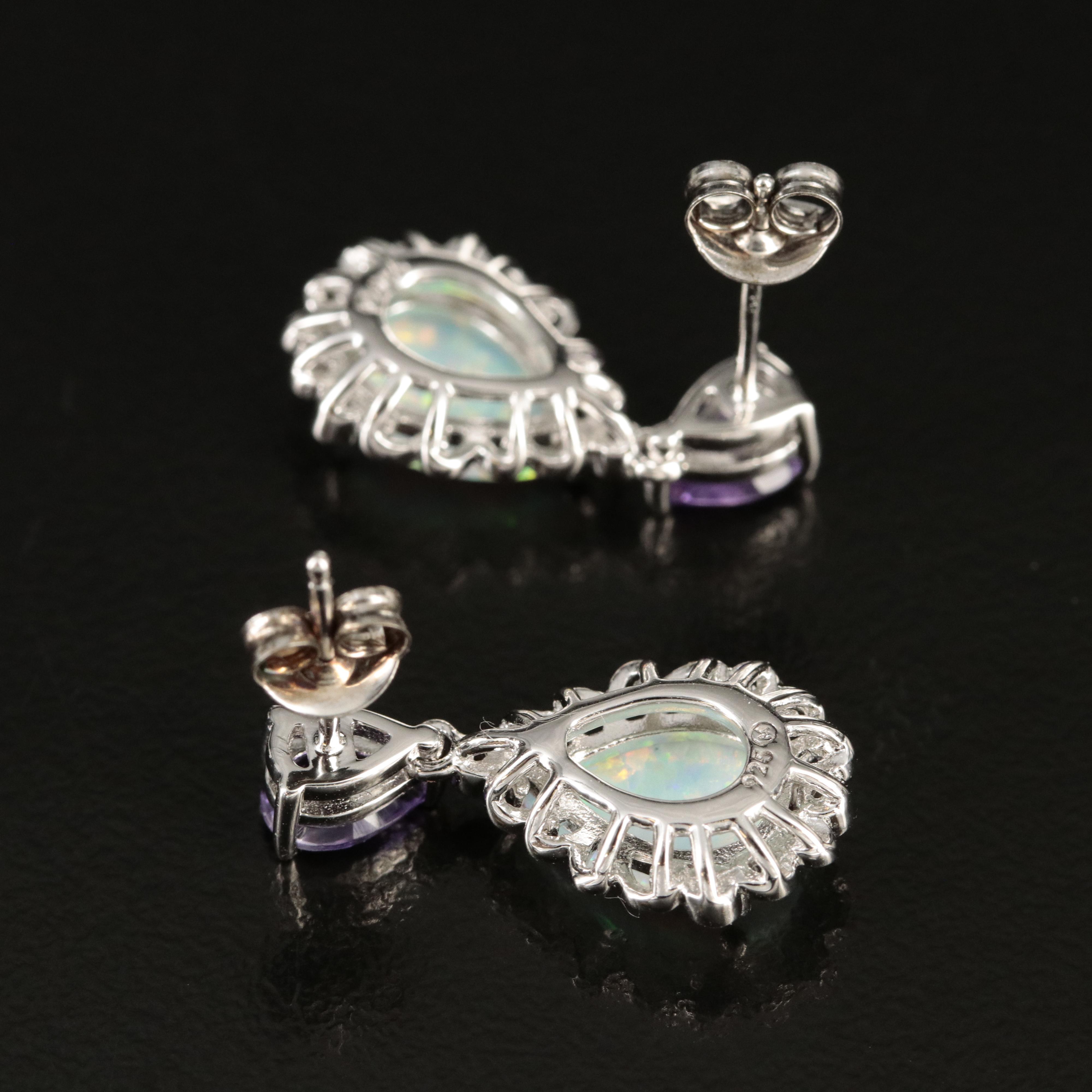 Sterling Opal, Amethyst and Diamond Teardrop Earrings